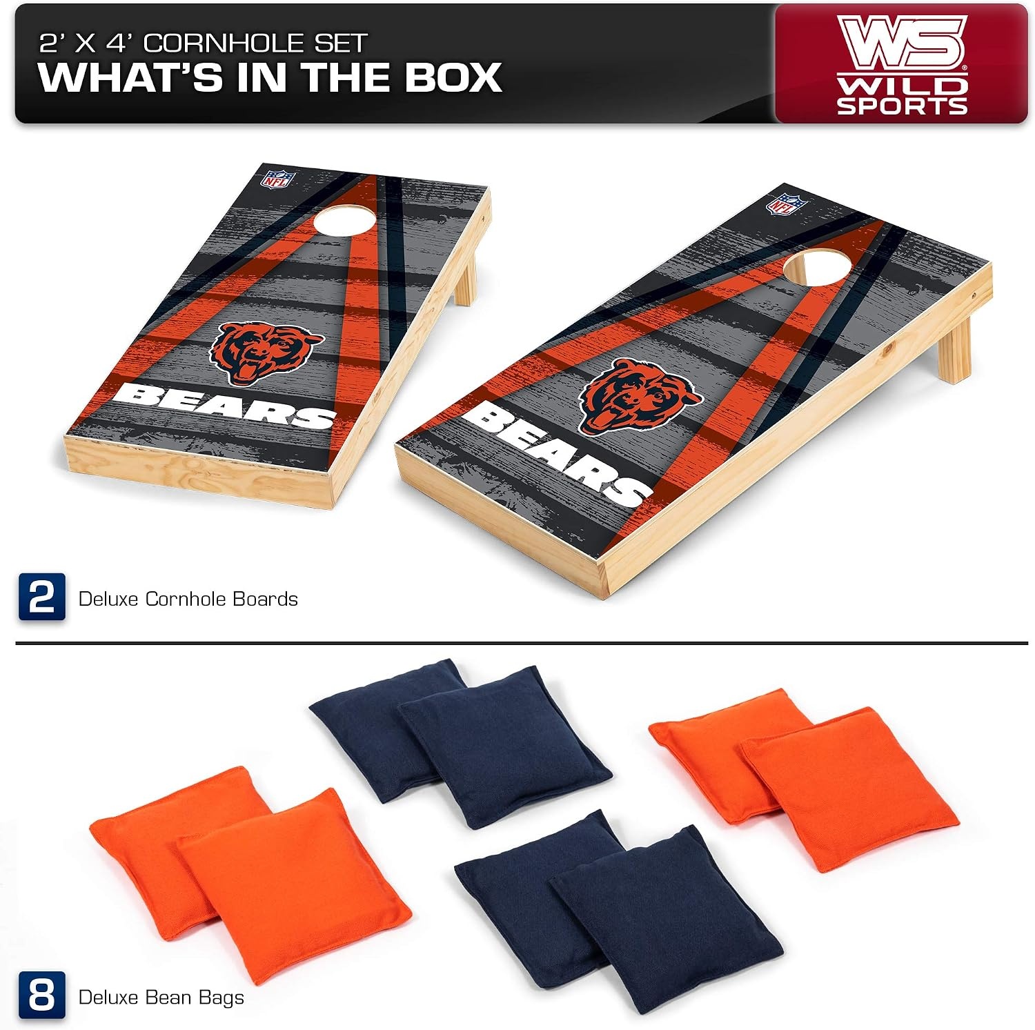 NFL Pro Football 2′ x 4′ Wood Direct Print Tournament Cornhole Set by Wild Sports, Comes with 8 Bean Bags – Perfect for Tailgate, Outdoor, Backyard(Chicago Bears)