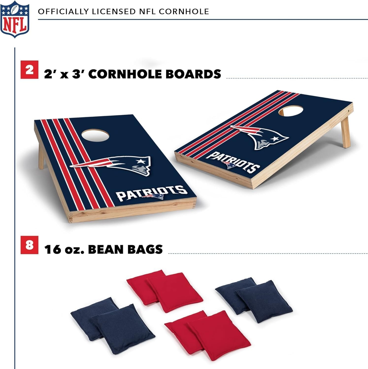 NFL 2′ x 3′ Solid Wood Cornhole Set with Direct Print HD Team Graphics – Great Gift for Any Football Fan  Bean Bag Toss Family Outdoor Games(New England Patriots)