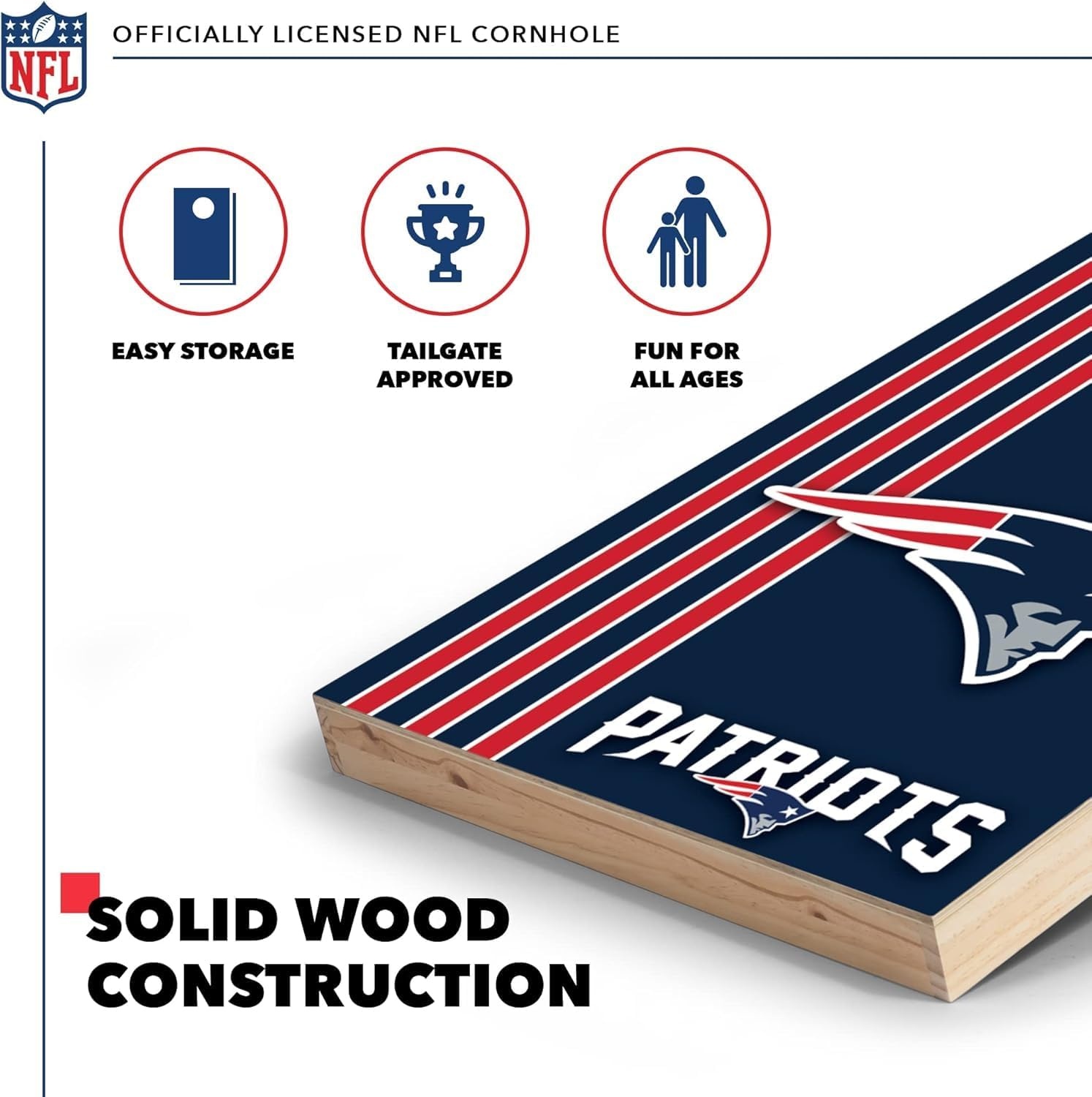 NFL 2′ x 3′ Solid Wood Cornhole Set with Direct Print HD Team Graphics – Great Gift for Any Football Fan  Bean Bag Toss Family Outdoor Games(New England Patriots)