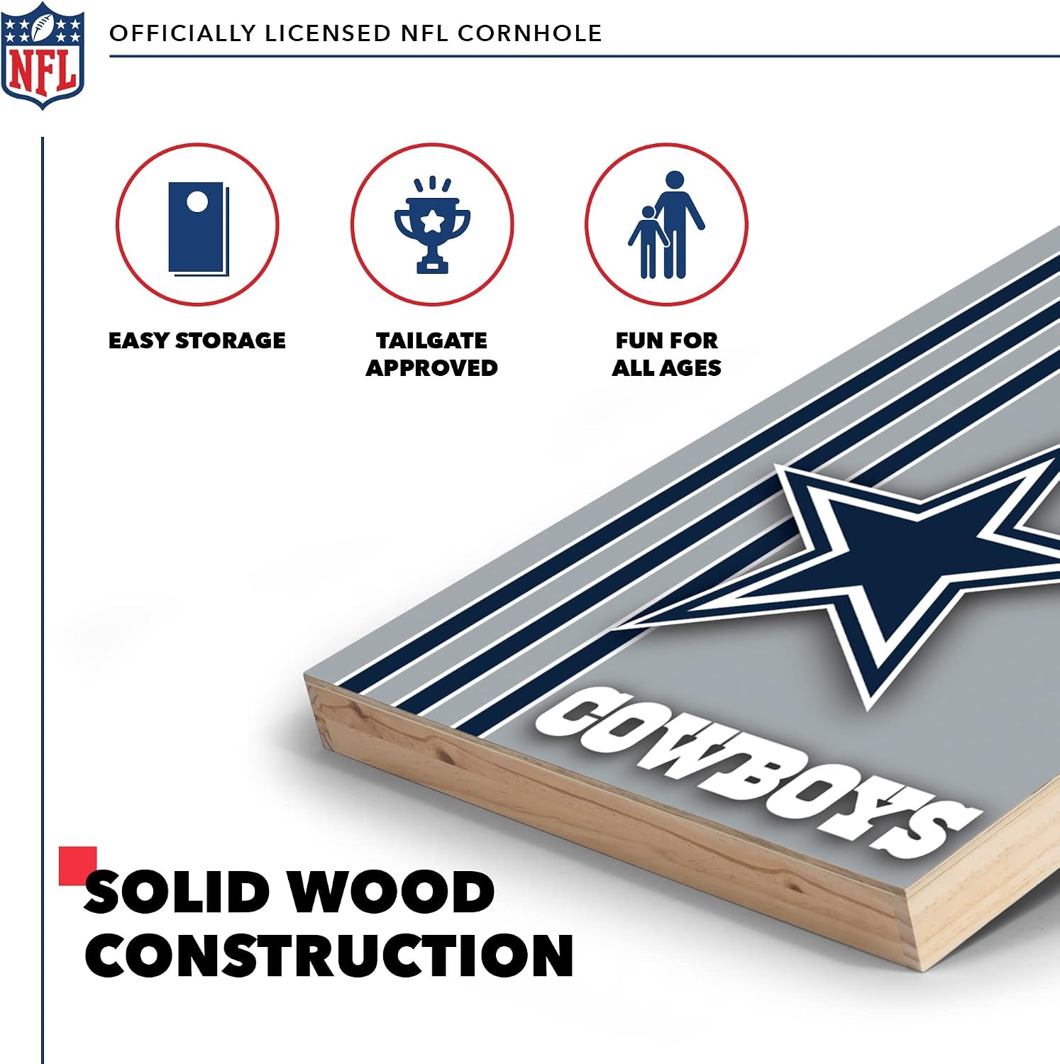 NFL 2′ x 3′ Solid Wood Cornhole Set with Direct Print HD Team Graphics – Great Gift for Any Football Fan  Bean Bag Toss Family Outdoor Games(Dallas Cowboys)