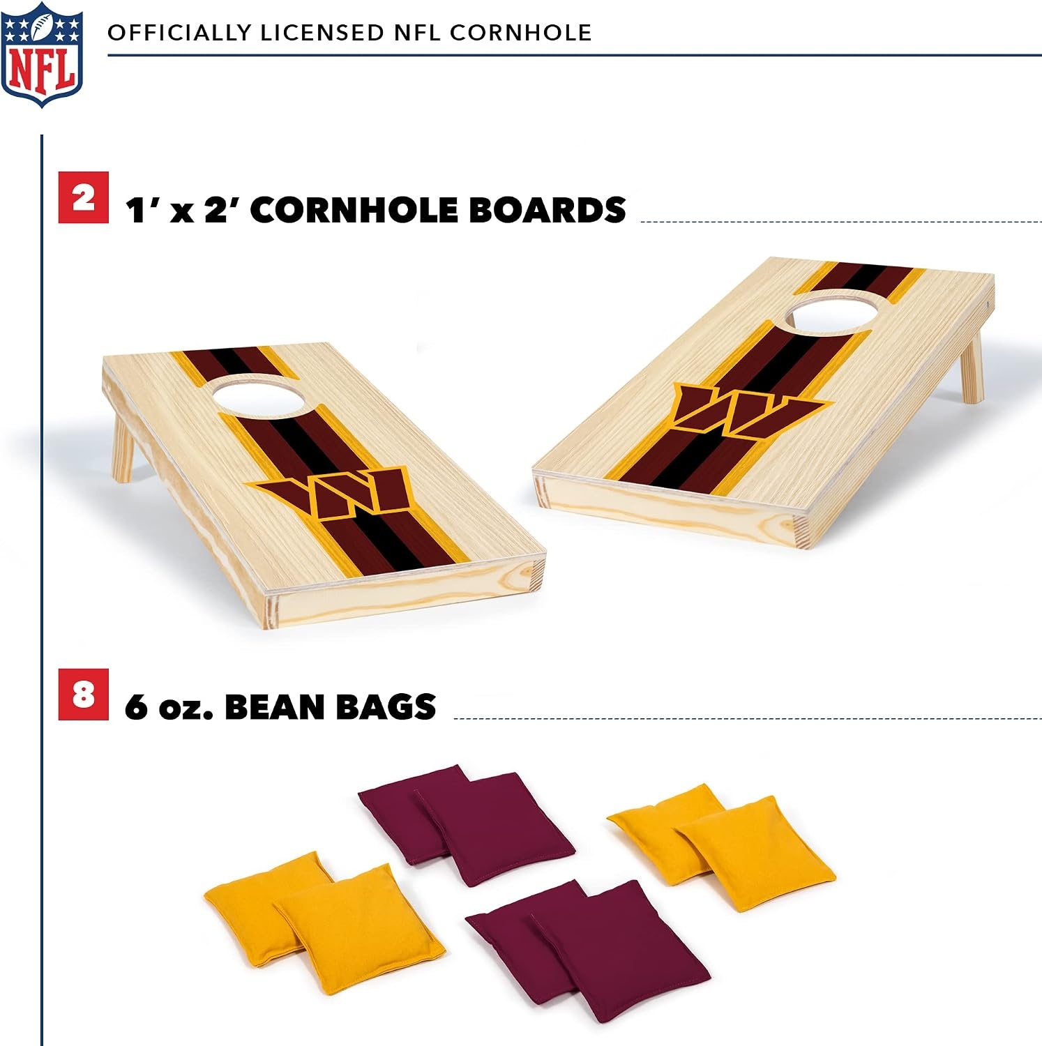 NFL Football Portable Size 1′ x 2′ Solid Wood Cornhole Set with Direct Print HD Team Graphics – Travel Size(Washington Commanders)