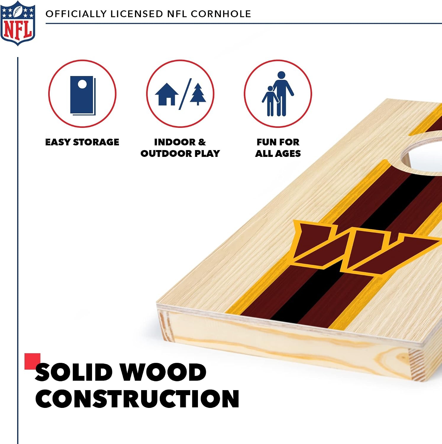 NFL Football Portable Size 1′ x 2′ Solid Wood Cornhole Set with Direct Print HD Team Graphics – Travel Size(Washington Commanders)