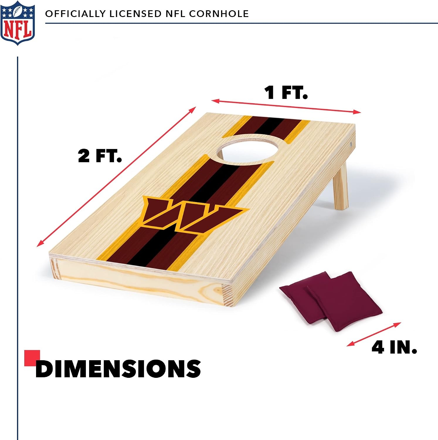 NFL Football Portable Size 1′ x 2′ Solid Wood Cornhole Set with Direct Print HD Team Graphics – Travel Size(Washington Commanders)