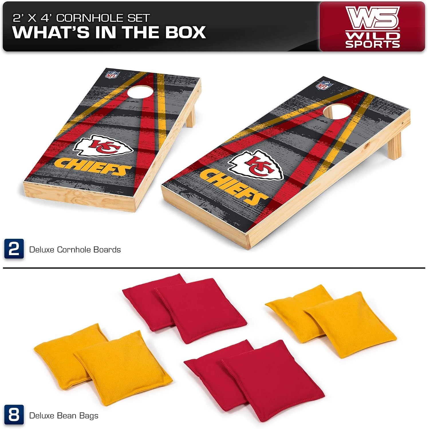 NFL Pro Football 2′ x 4′ Wood Direct Print Tournament Cornhole Set by Wild Sports, Comes with 8 Bean Bags – Perfect for Tailgate, Outdoor, Backyard(Kansas City Chiefs)