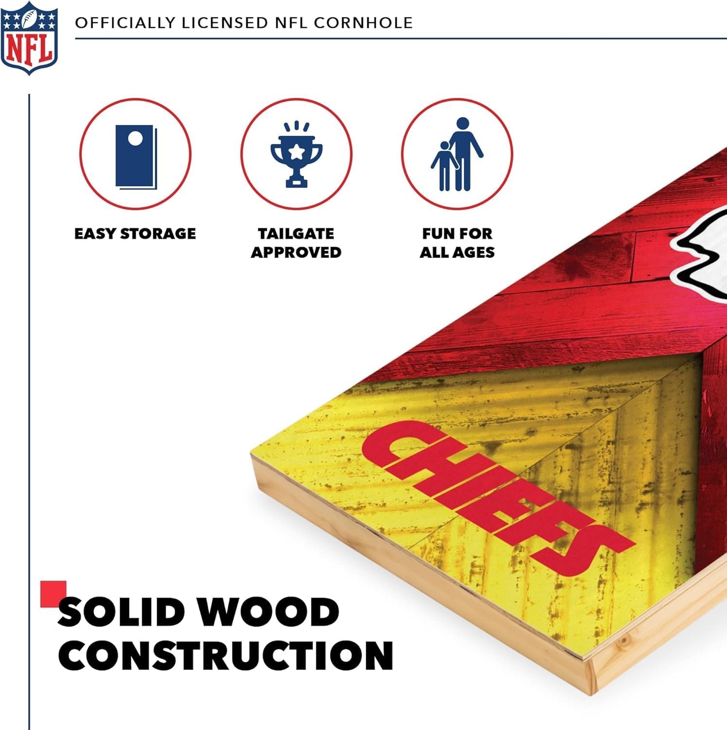 NFL Football 2′ x 4′ Regulation Size Solid Wood Cornhole Set with Direct Print HD Team Graphics Great Gift for Any Football Fan  Bean Bag Toss Family Outdoor Game(Kansas City Chiefs)