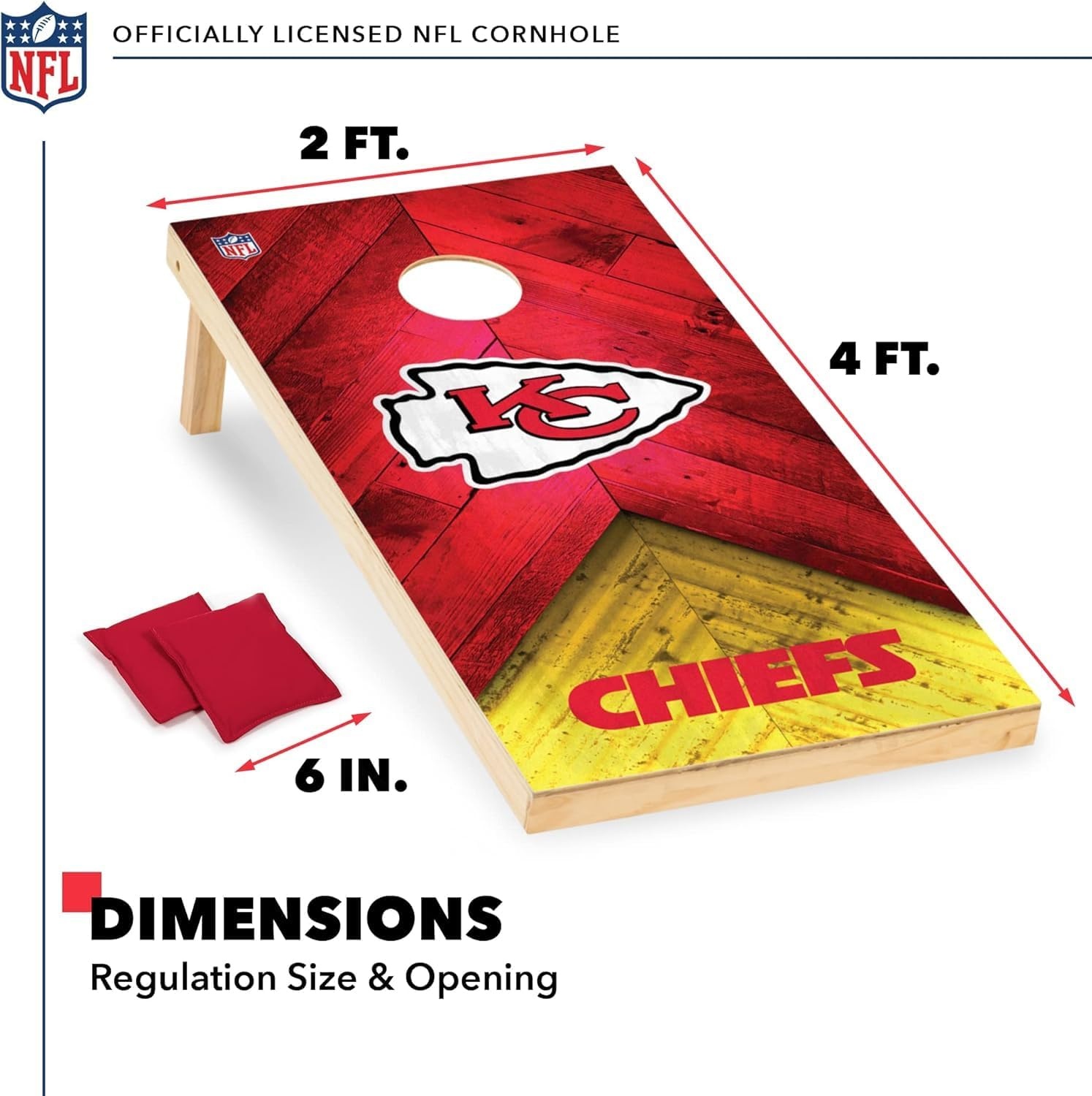 NFL Football 2′ x 4′ Regulation Size Solid Wood Cornhole Set with Direct Print HD Team Graphics Great Gift for Any Football Fan  Bean Bag Toss Family Outdoor Game(Kansas City Chiefs)