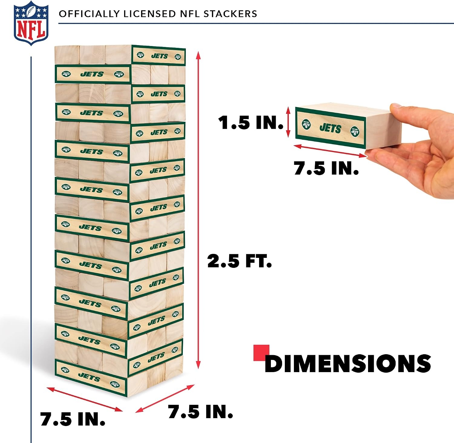 Wild Sports NFL Giant Stacking Wooden Blocks – Tumbling Tower Classic Family Game Stacks – Great Gift for Any Football Fan (New York Jets)