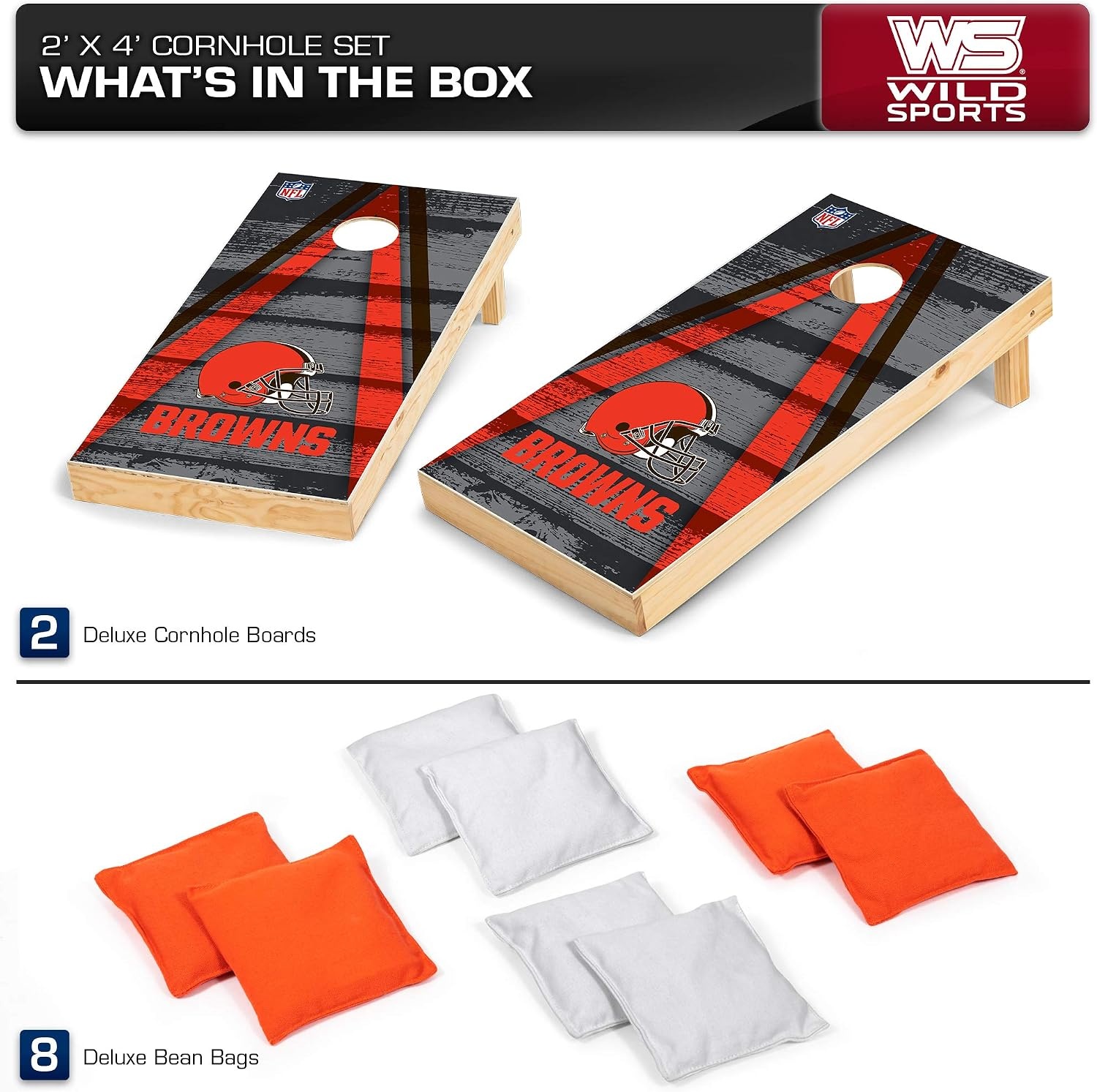 NFL Pro Football 2′ x 4′ Wood Direct Print Tournament Cornhole Set by Wild Sports, Comes with 8 Bean Bags – Perfect for Tailgate, Outdoor, Backyard(Cleveland Browns)