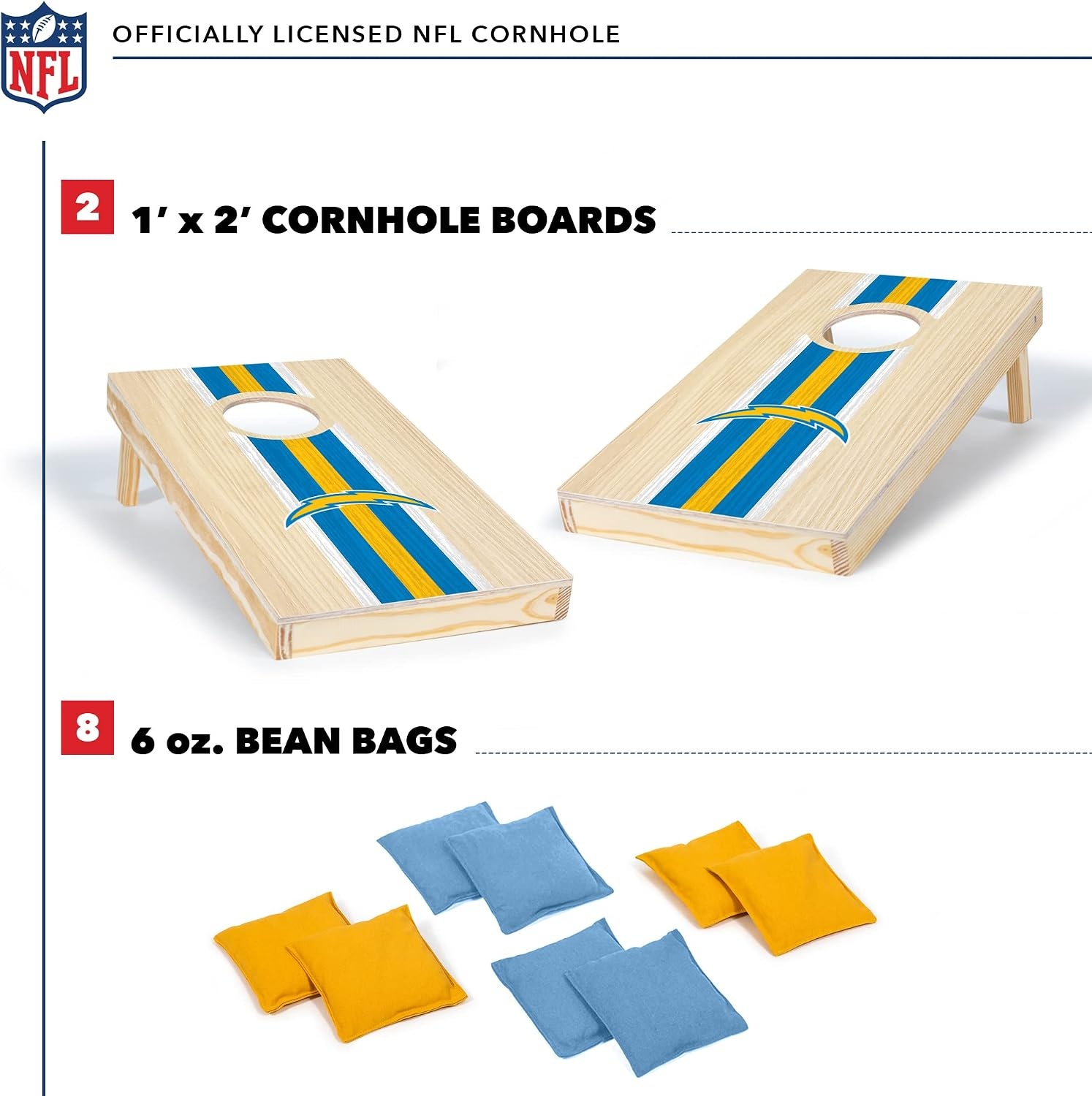 NFL Football Portable Size 1′ x 2′ Solid Wood Cornhole Set with Direct Print HD Team Graphics – Travel Size(Los Angeles Chargers)
