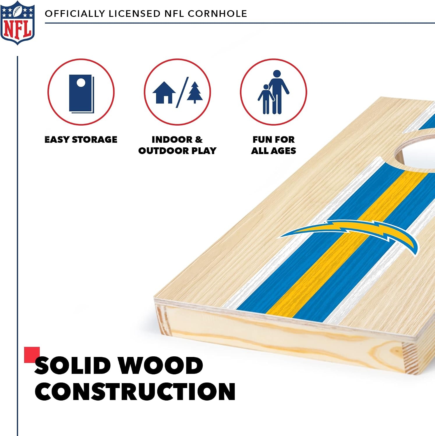 NFL Football Portable Size 1′ x 2′ Solid Wood Cornhole Set with Direct Print HD Team Graphics – Travel Size(Los Angeles Chargers)