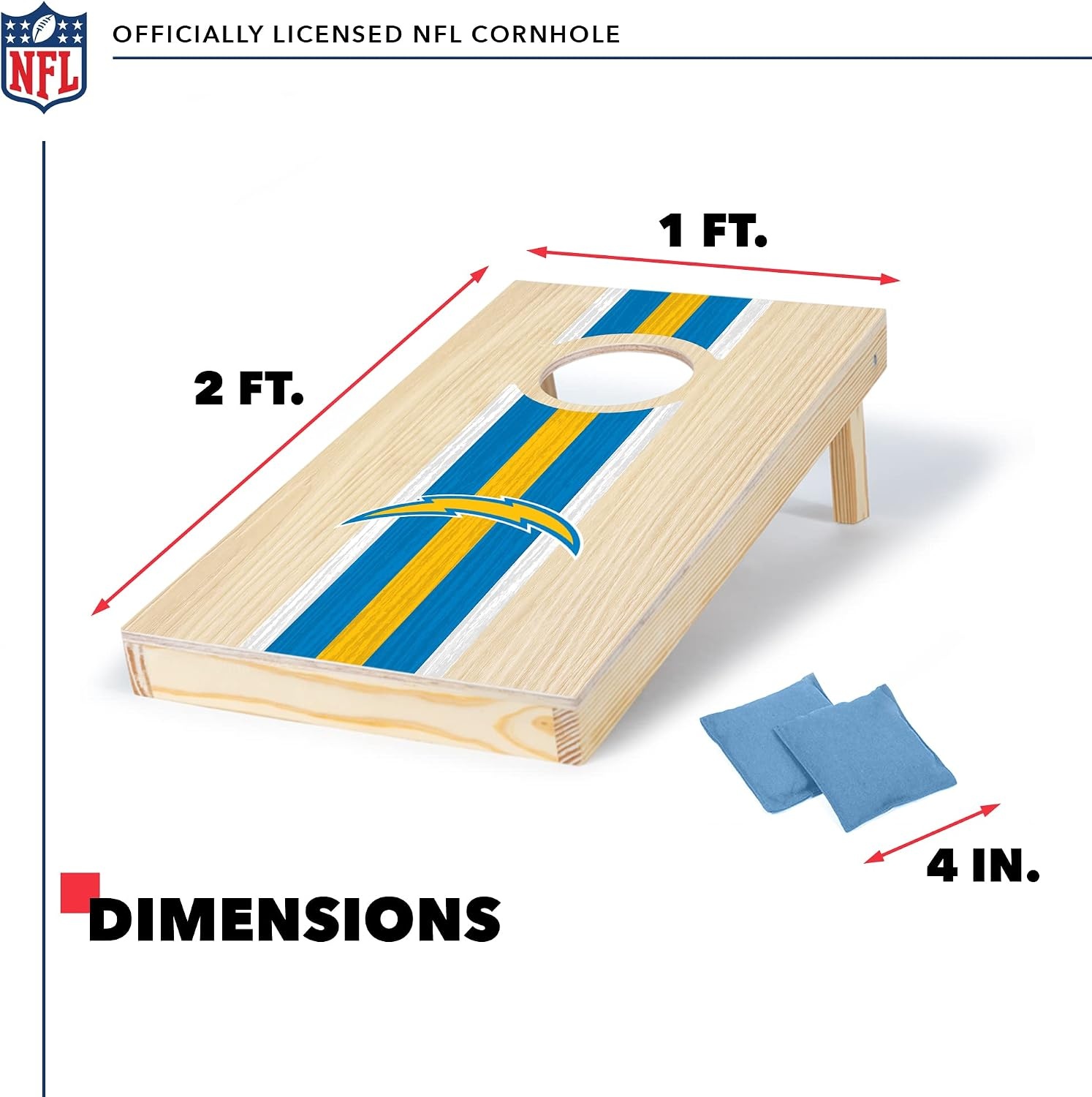 NFL Football Portable Size 1′ x 2′ Solid Wood Cornhole Set with Direct Print HD Team Graphics – Travel Size(Los Angeles Chargers)