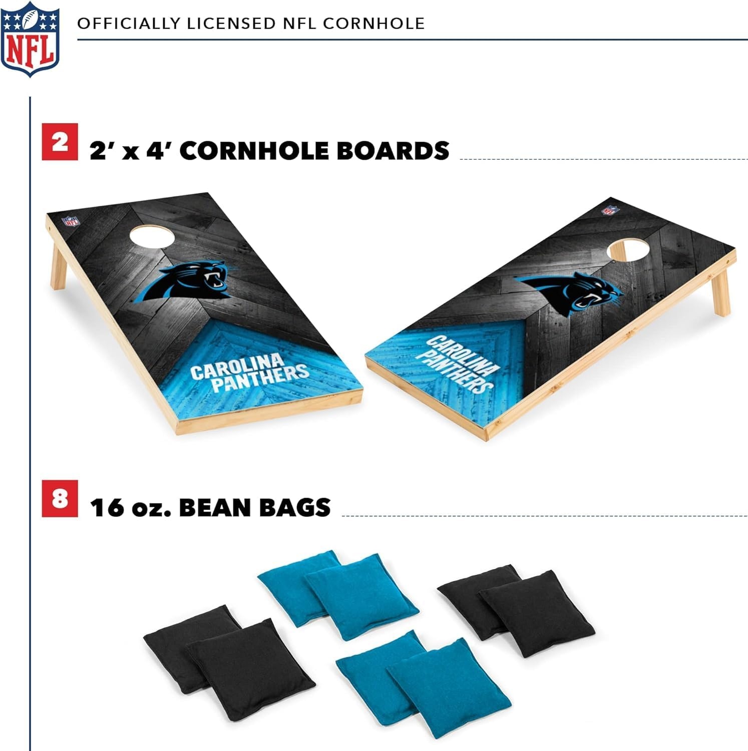 NFL Football 2′ x 4′ Regulation Size Solid Wood Cornhole Set with Direct Print HD Team Graphics Great Gift for Any Football Fan  Bean Bag Toss Family Outdoor Game(Carolina Panthers)