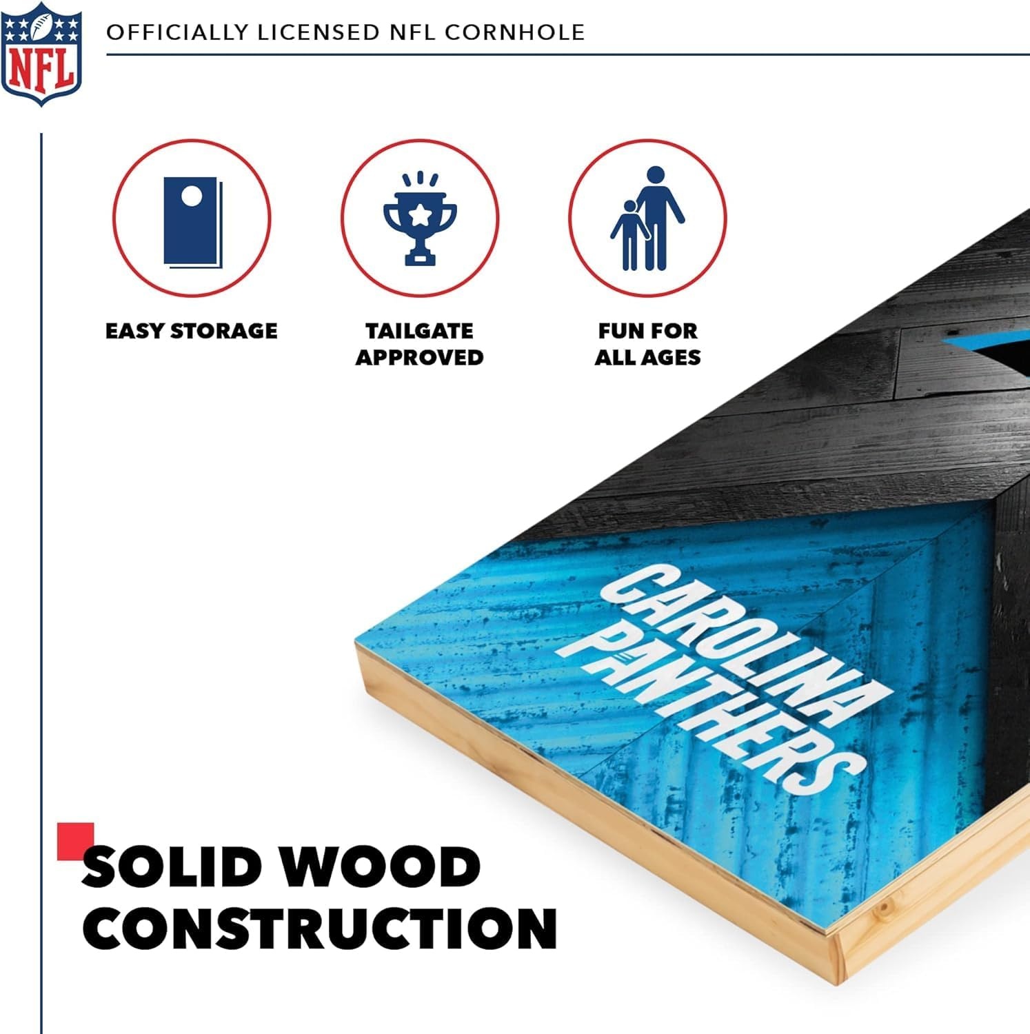 NFL Football 2′ x 4′ Regulation Size Solid Wood Cornhole Set with Direct Print HD Team Graphics Great Gift for Any Football Fan  Bean Bag Toss Family Outdoor Game(Carolina Panthers)
