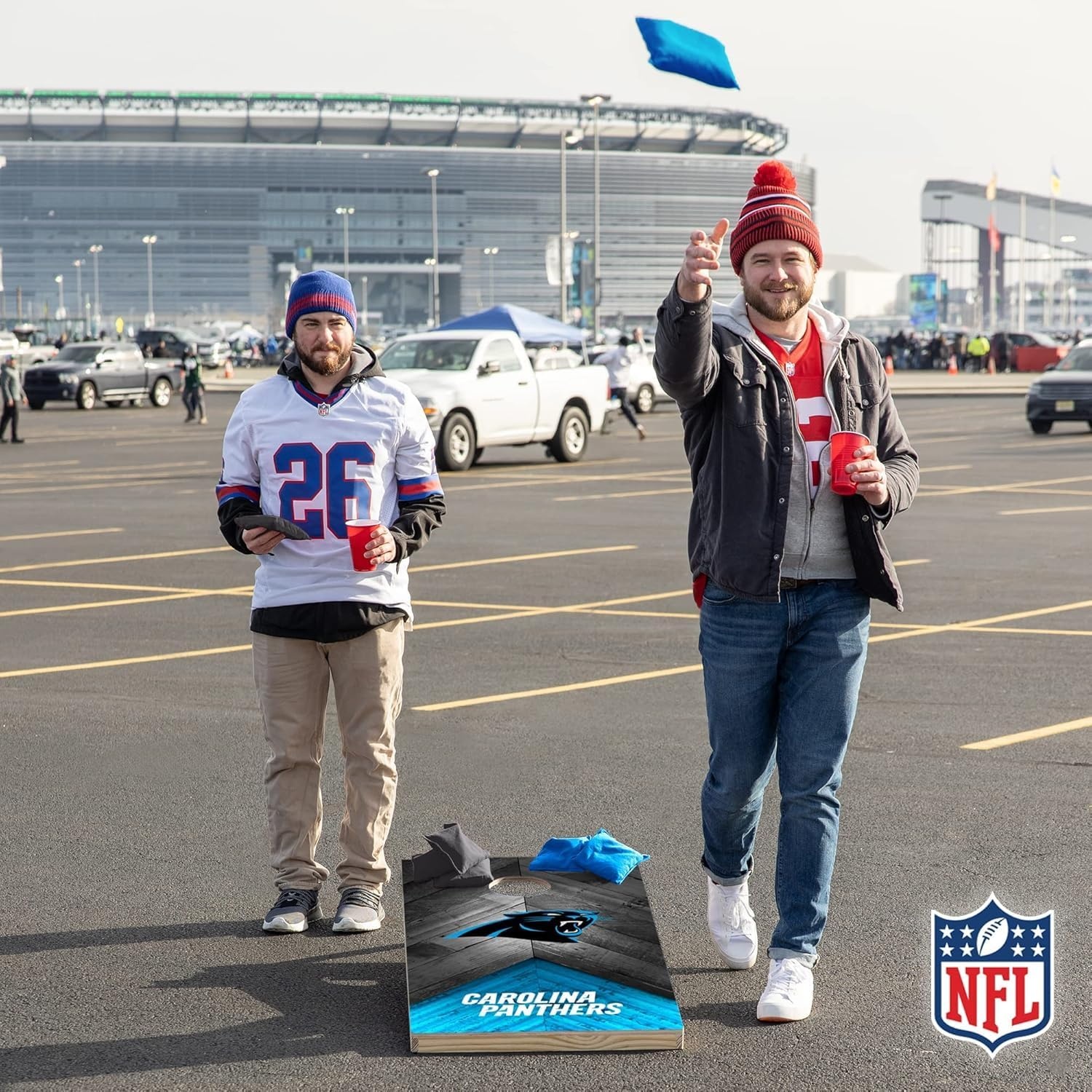 NFL Football 2′ x 4′ Regulation Size Solid Wood Cornhole Set with Direct Print HD Team Graphics Great Gift for Any Football Fan  Bean Bag Toss Family Outdoor Game(Carolina Panthers)