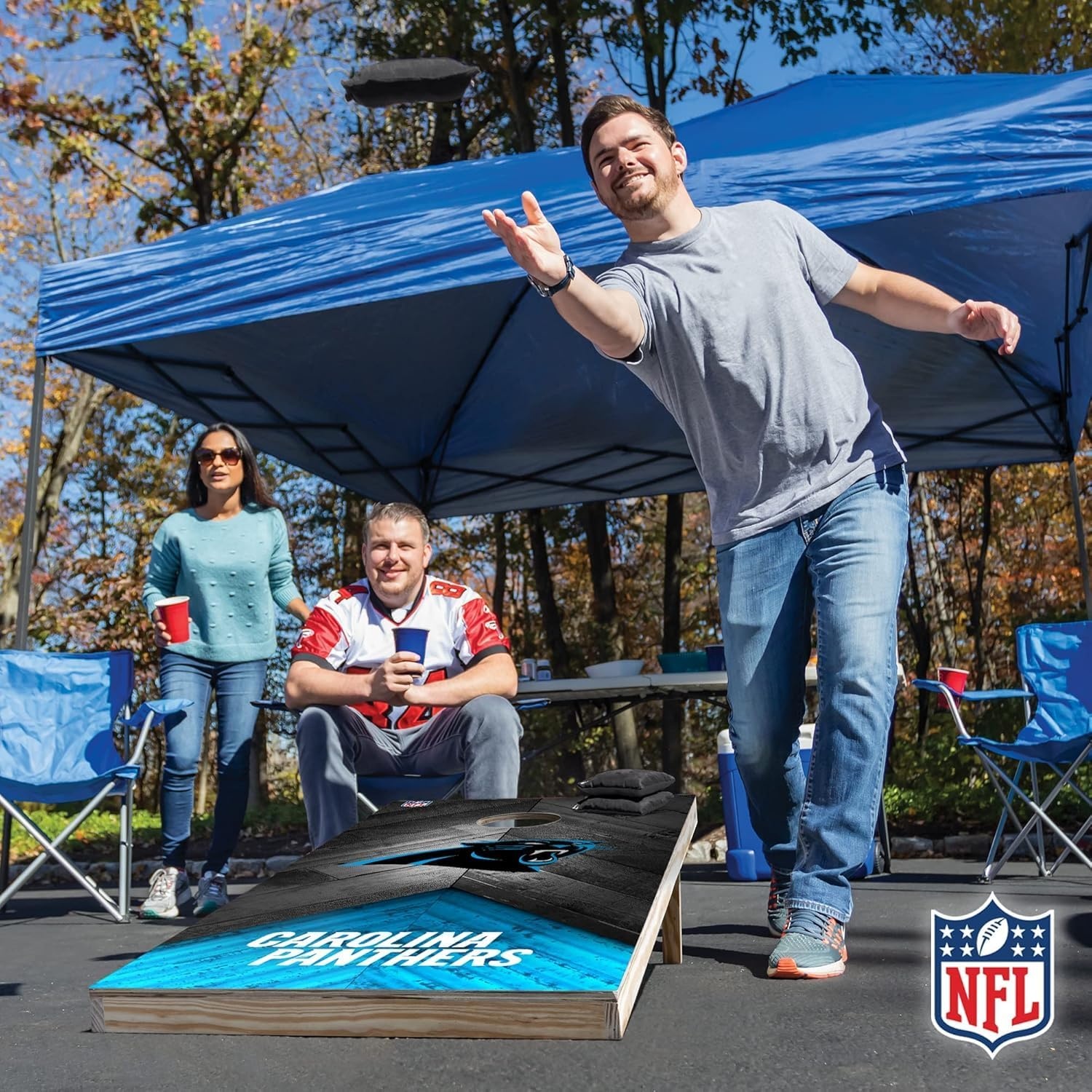 NFL Football 2′ x 4′ Regulation Size Solid Wood Cornhole Set with Direct Print HD Team Graphics Great Gift for Any Football Fan  Bean Bag Toss Family Outdoor Game(Carolina Panthers)