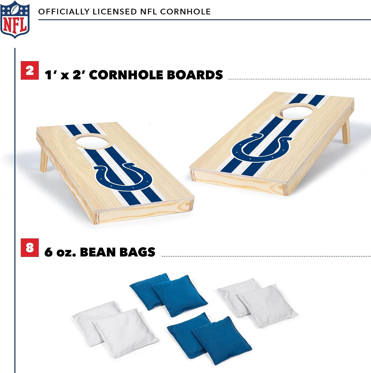 NFL Football Portable Size 1′ x 2′ Solid Wood Cornhole Set with Direct Print HD Team Graphics – Travel Size(Indianapolis Colts)