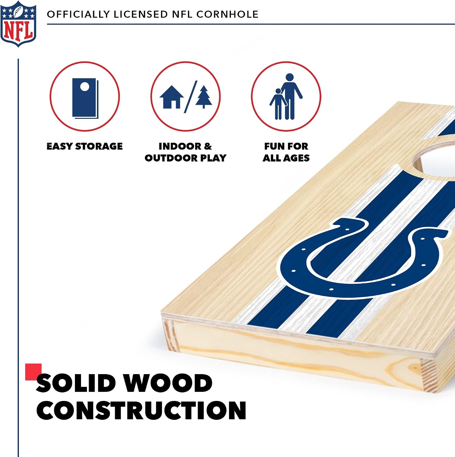 NFL Football Portable Size 1′ x 2′ Solid Wood Cornhole Set with Direct Print HD Team Graphics – Travel Size(Indianapolis Colts)