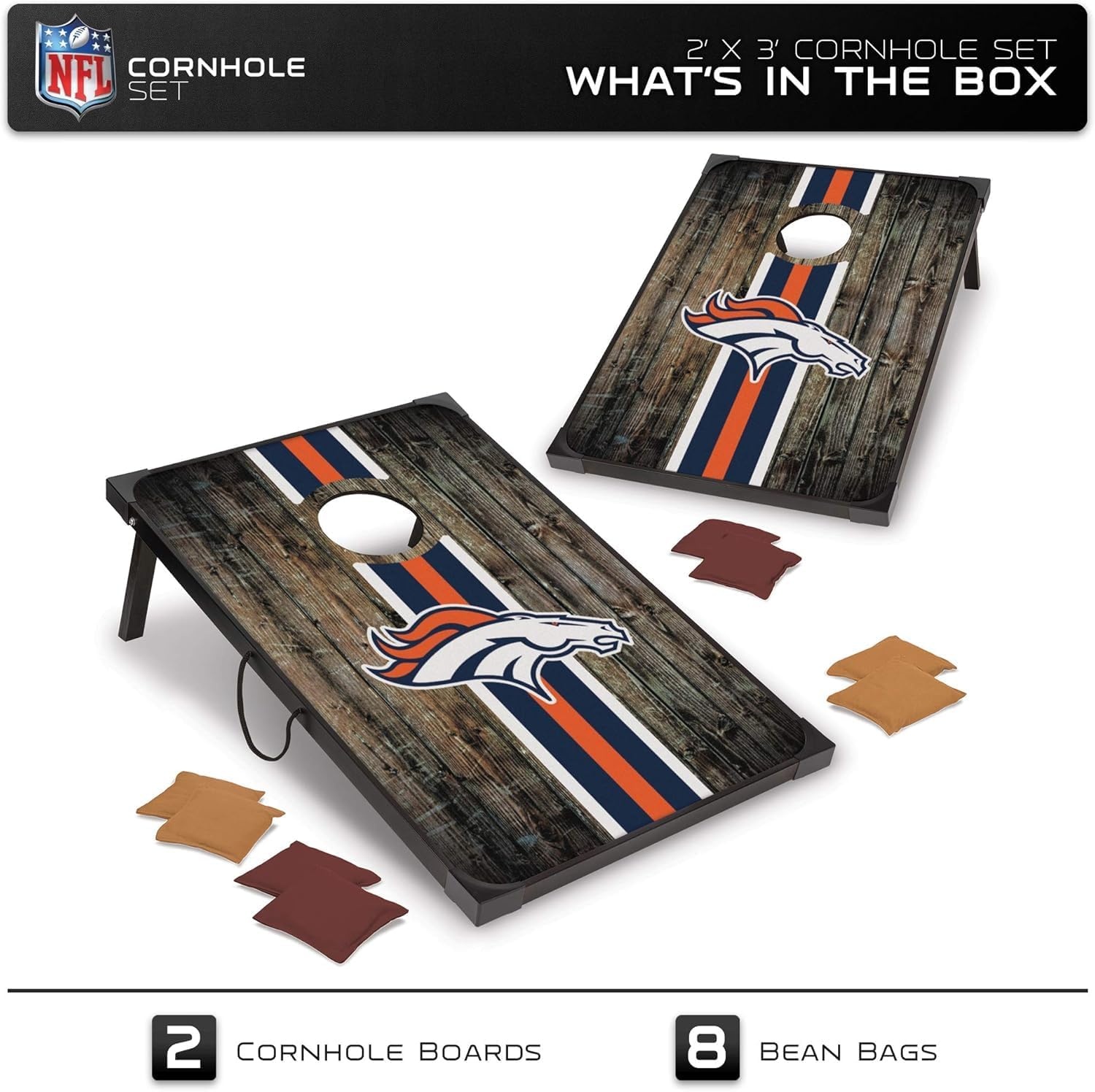 Wild Sports NFL 2′ x 3′ MDF Deluxe Cornhole Set – with Corners and Aprons(Denver Broncos)