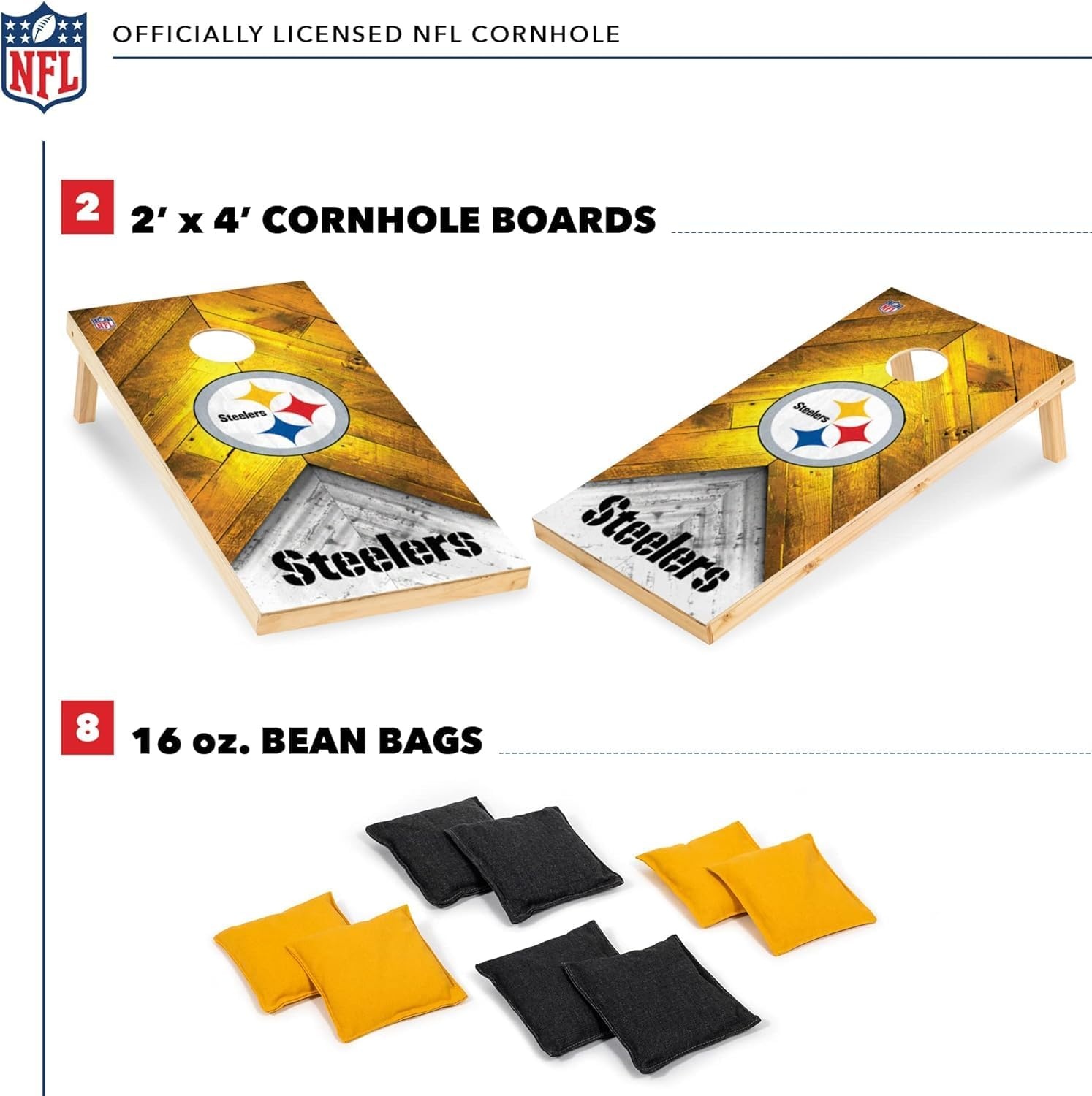 NFL Football 2′ x 4′ Regulation Size Solid Wood Cornhole Set with Direct Print HD Team Graphics Great Gift for Any Football Fan  Bean Bag Toss Family Outdoor Game(Pittsburgh Steelers)