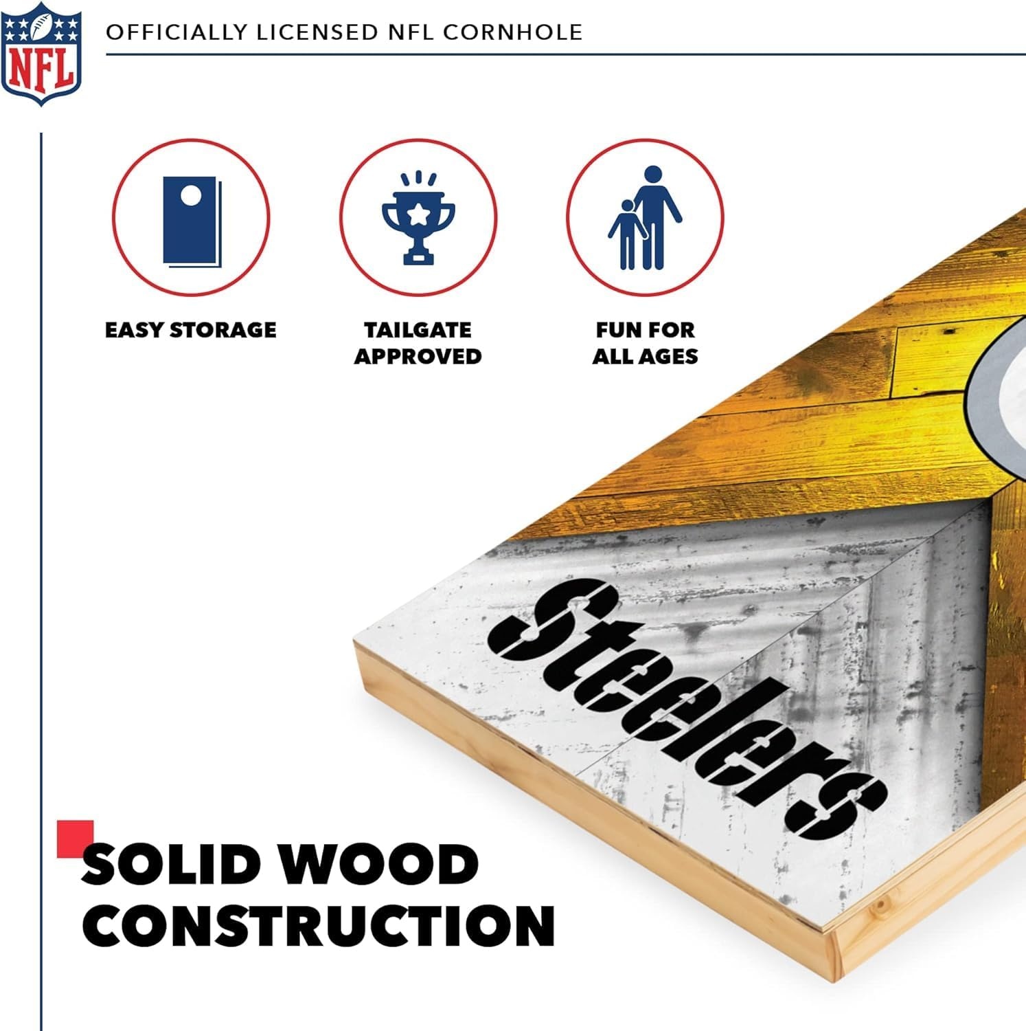 NFL Football 2′ x 4′ Regulation Size Solid Wood Cornhole Set with Direct Print HD Team Graphics Great Gift for Any Football Fan  Bean Bag Toss Family Outdoor Game(Pittsburgh Steelers)