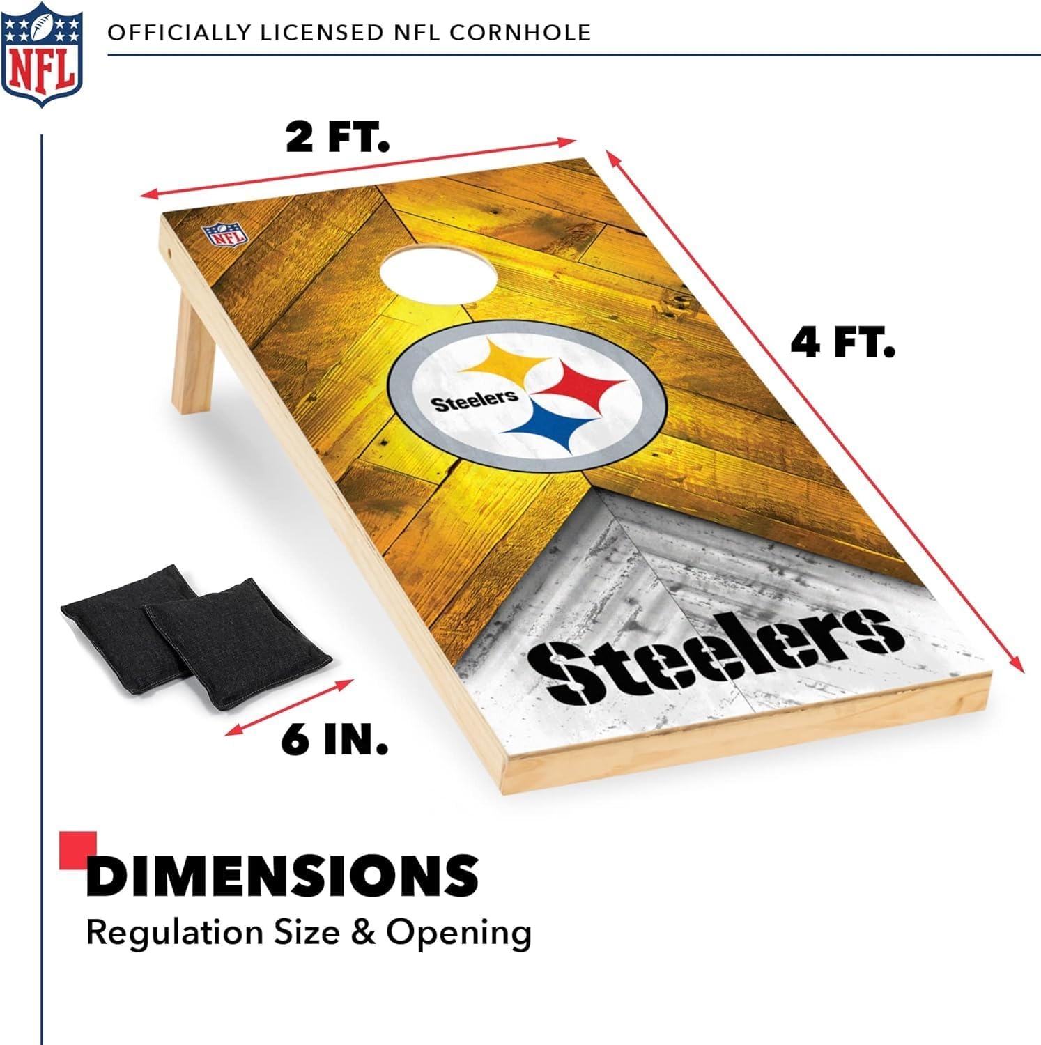NFL Football 2′ x 4′ Regulation Size Solid Wood Cornhole Set with Direct Print HD Team Graphics Great Gift for Any Football Fan  Bean Bag Toss Family Outdoor Game(Pittsburgh Steelers)