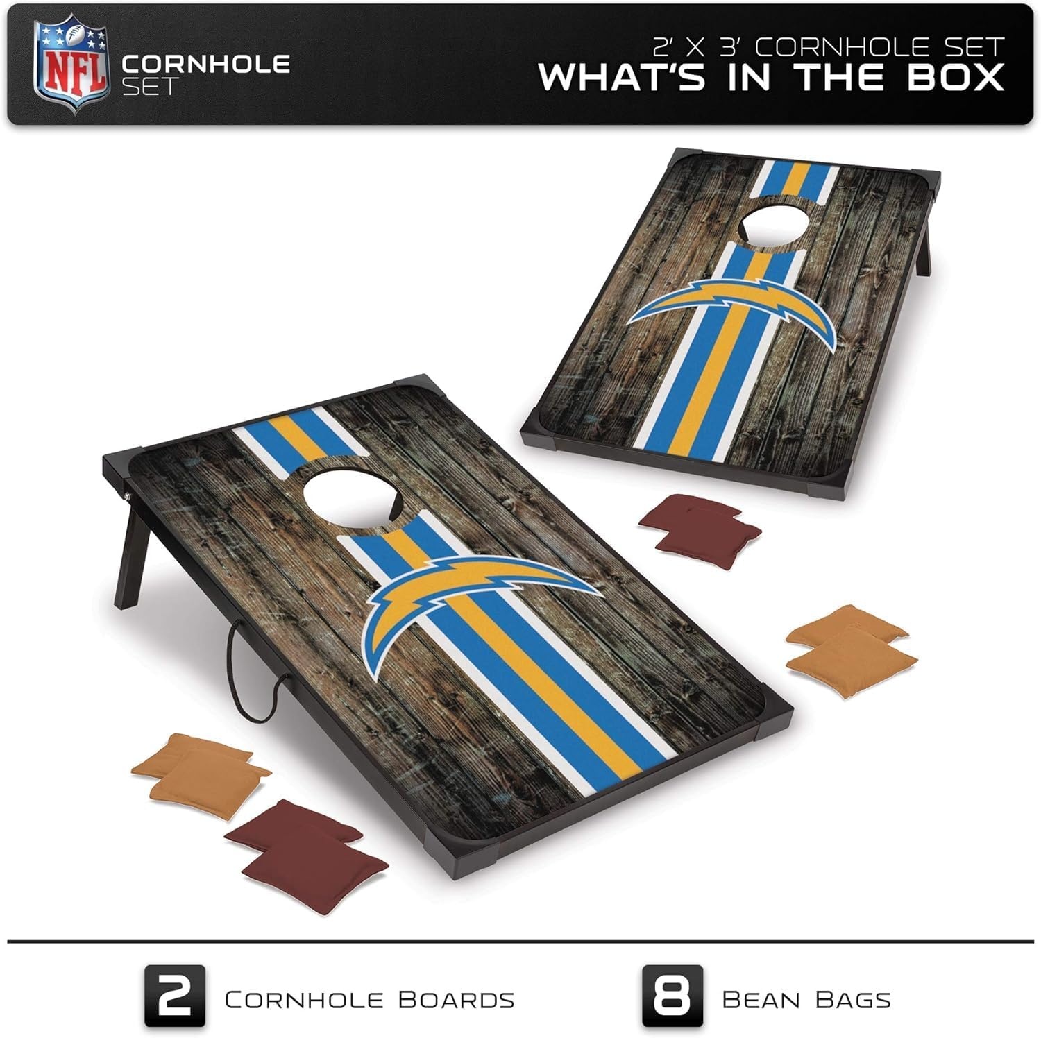 Wild Sports NFL 2′ x 3′ MDF Deluxe Cornhole Set – with Corners and Aprons(Los Angeles Chargers)
