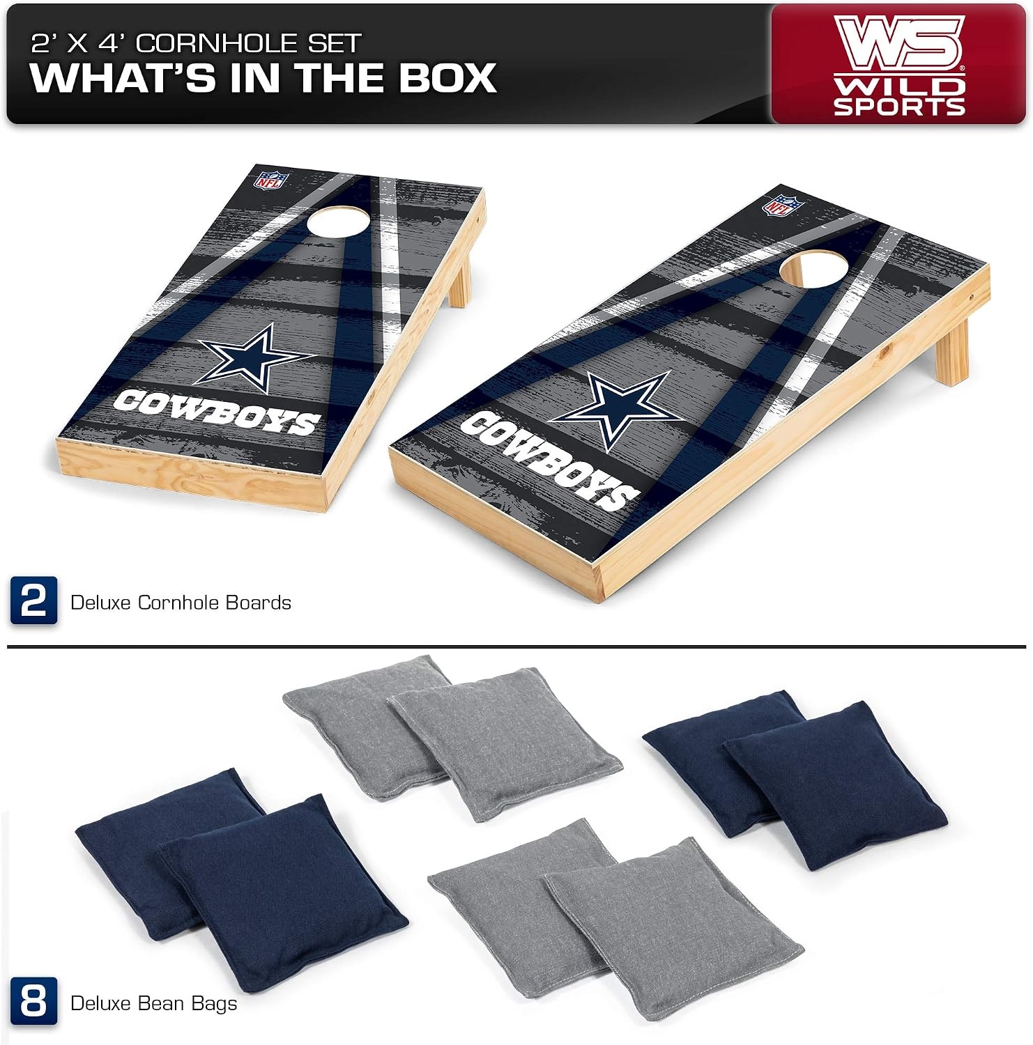 NFL Pro Football 2′ x 4′ Wood Direct Print Tournament Cornhole Set by Wild Sports, Comes with 8 Bean Bags – Perfect for Tailgate, Outdoor, Backyard(Dallas Cowboys)