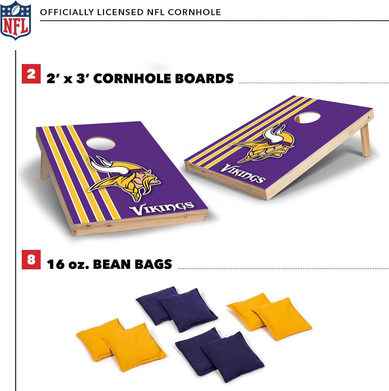 NFL 2′ x 3′ Solid Wood Cornhole Set with Direct Print HD Team Graphics – Great Gift for Any Football Fan  Bean Bag Toss Family Outdoor Games(Minnesota Vikings)