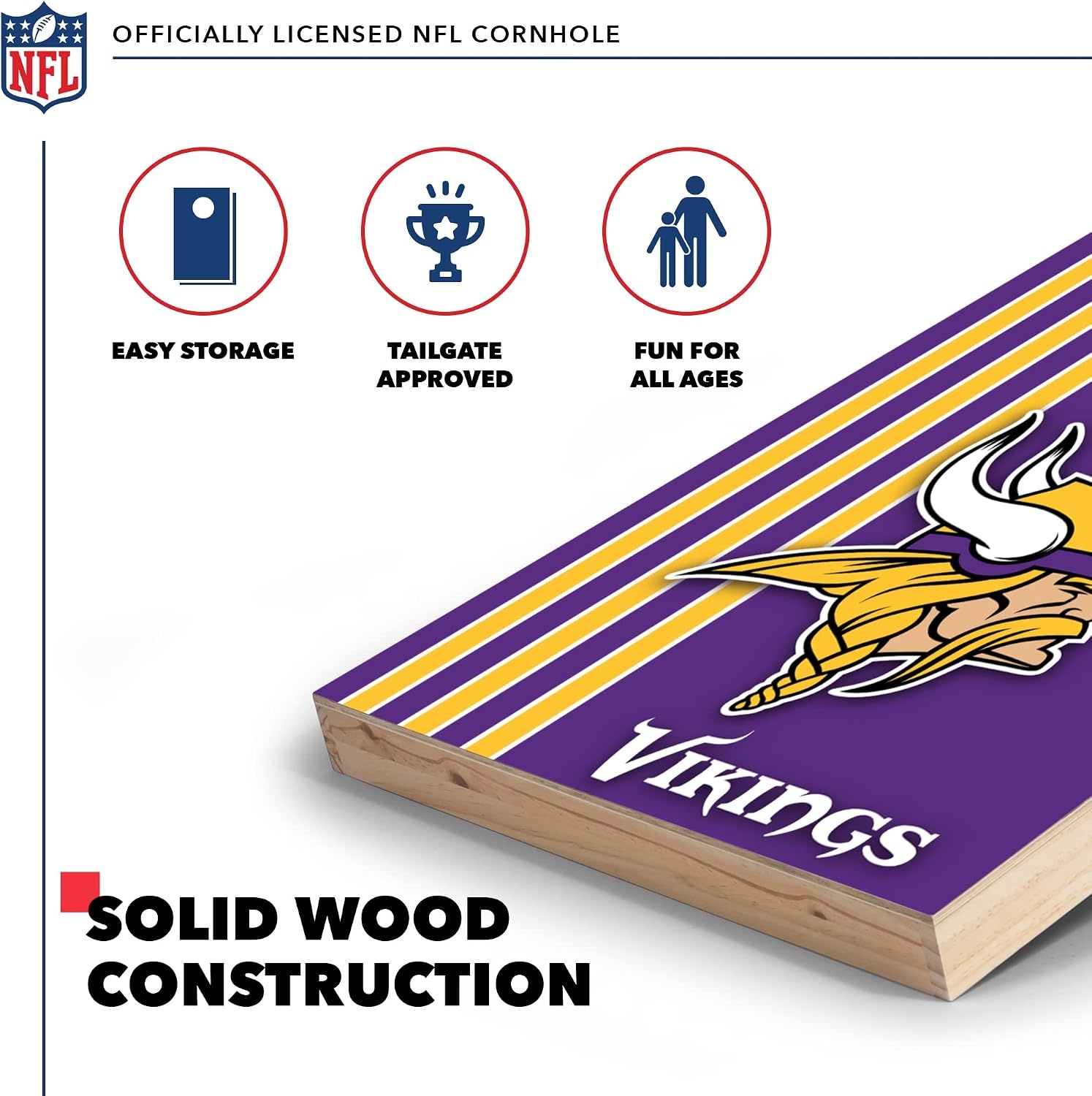 NFL 2′ x 3′ Solid Wood Cornhole Set with Direct Print HD Team Graphics – Great Gift for Any Football Fan  Bean Bag Toss Family Outdoor Games(Minnesota Vikings)