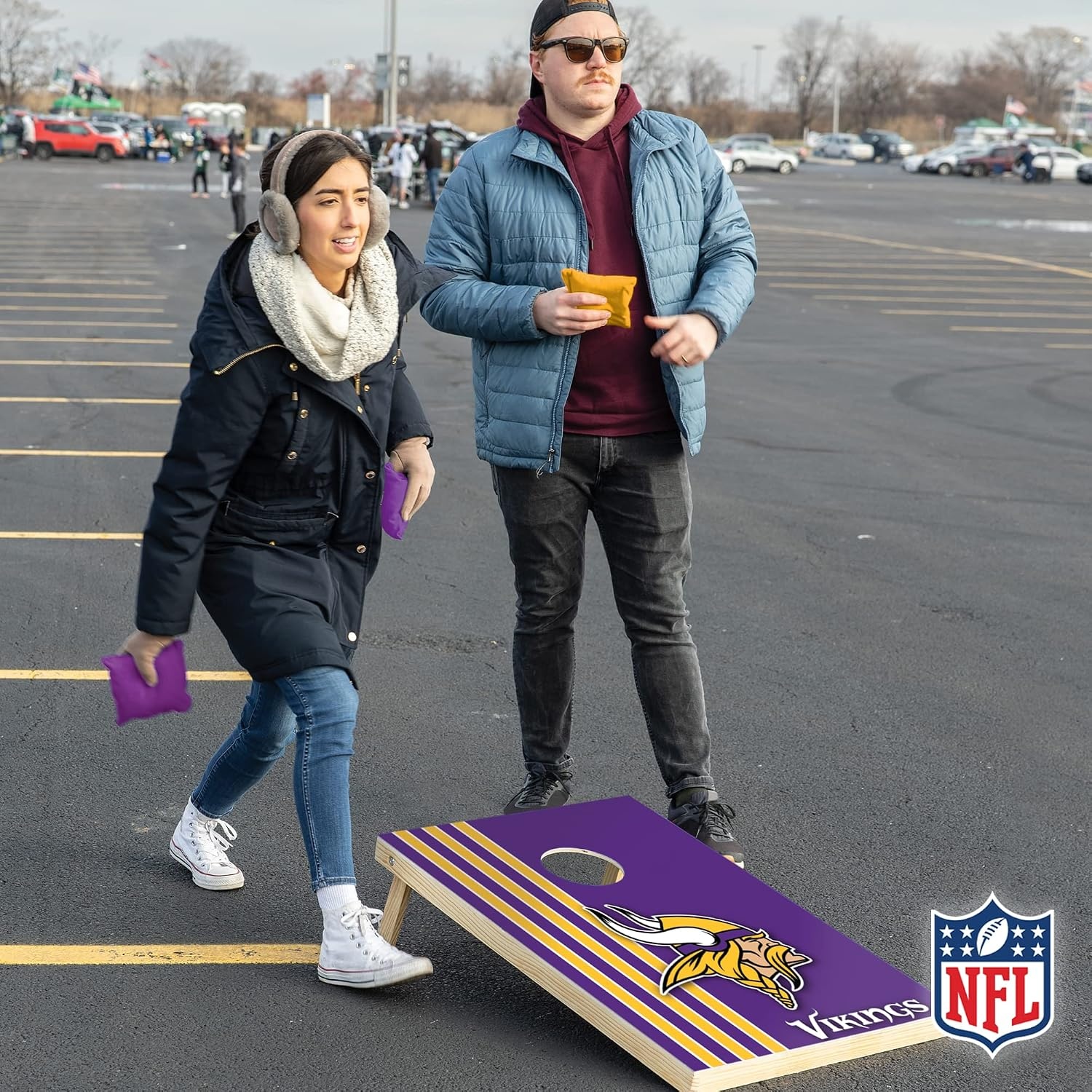 NFL 2′ x 3′ Solid Wood Cornhole Set with Direct Print HD Team Graphics – Great Gift for Any Football Fan  Bean Bag Toss Family Outdoor Games(Minnesota Vikings)
