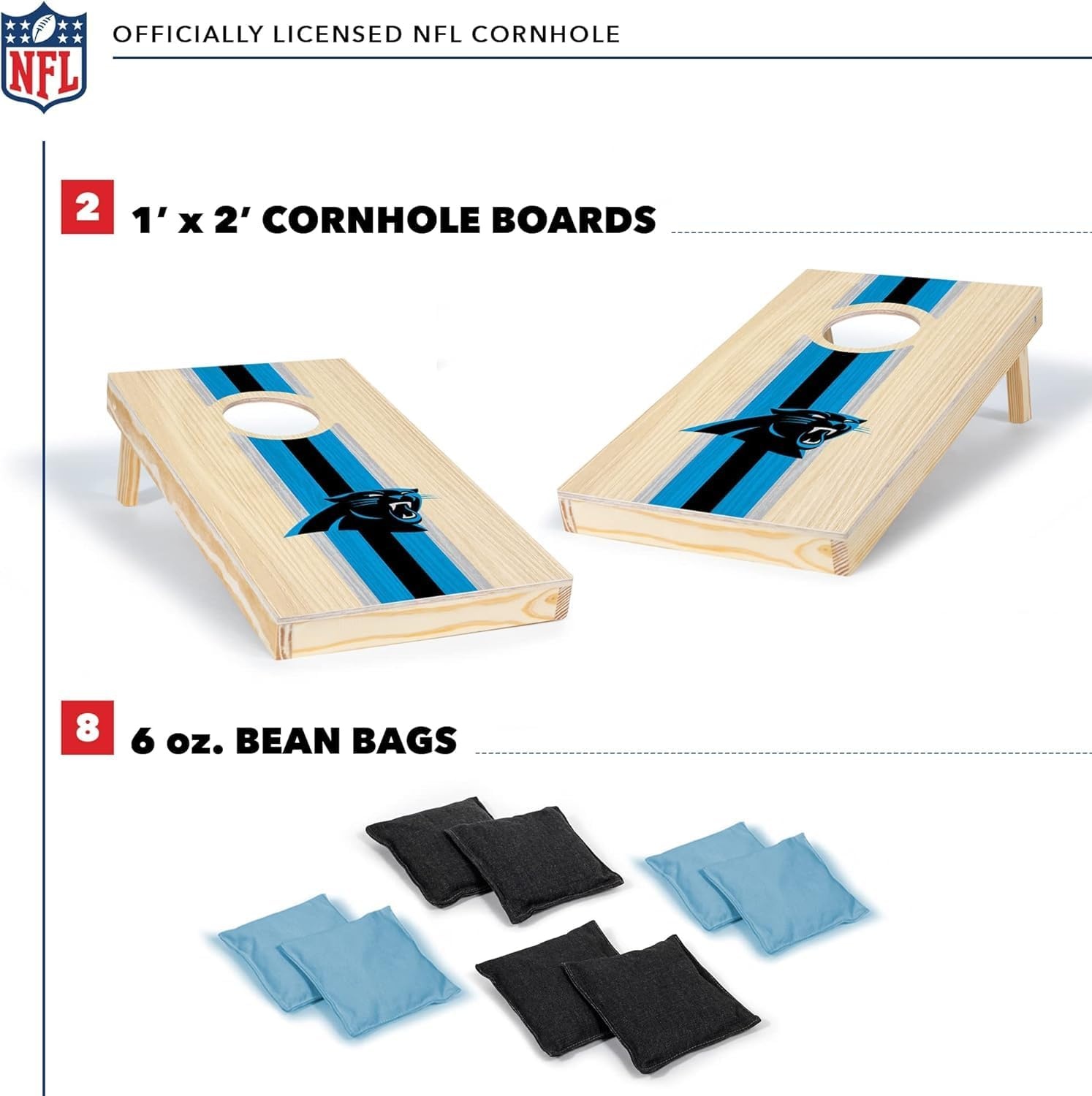 NFL Football Portable Size 1′ x 2′ Solid Wood Cornhole Set with Direct Print HD Team Graphics – Travel Size(Carolina Panthers)
