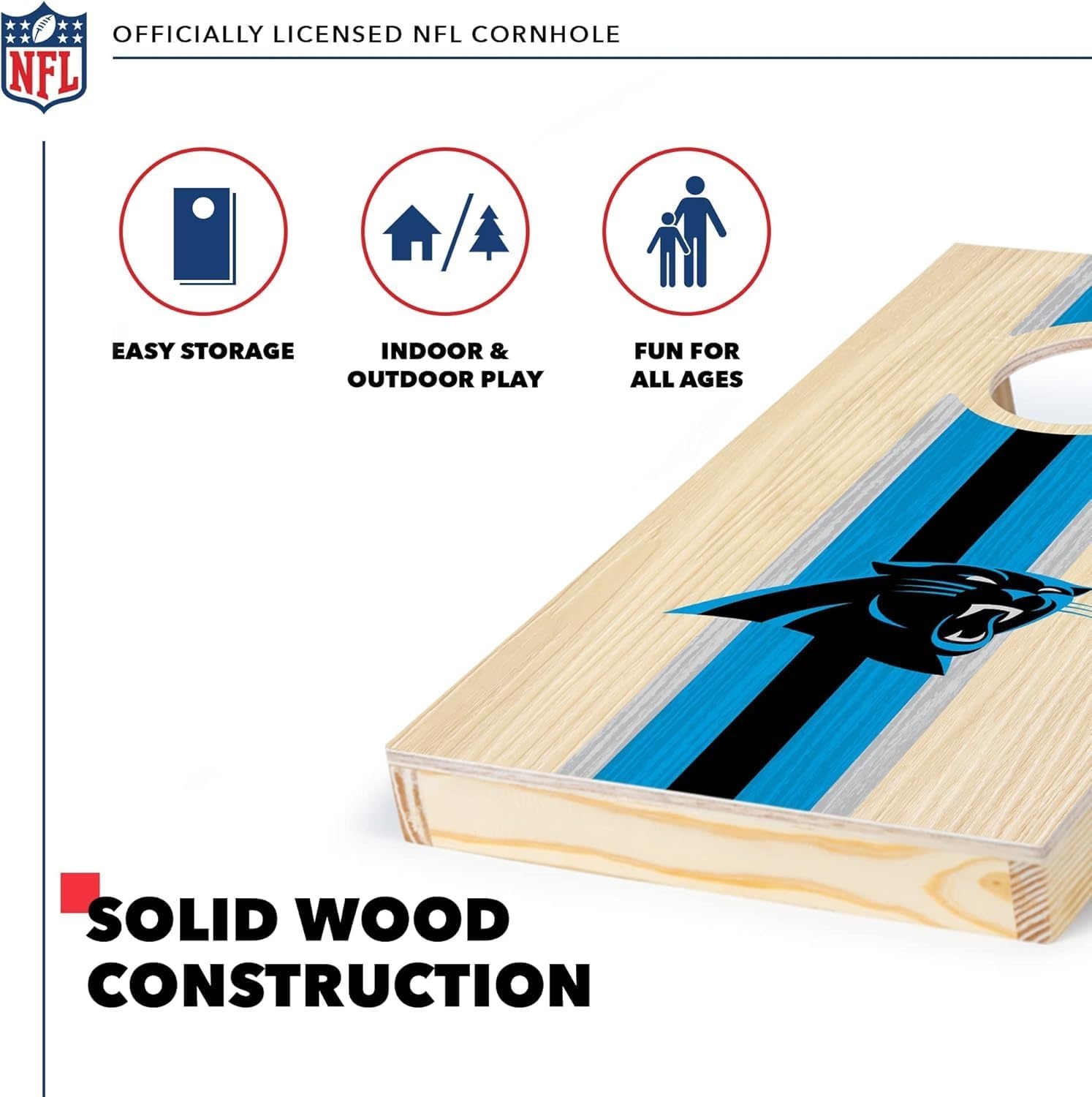 NFL Football Portable Size 1′ x 2′ Solid Wood Cornhole Set with Direct Print HD Team Graphics – Travel Size(Carolina Panthers)