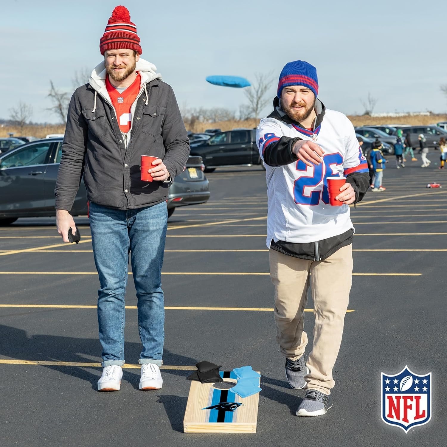 NFL Football Portable Size 1′ x 2′ Solid Wood Cornhole Set with Direct Print HD Team Graphics – Travel Size(Carolina Panthers)