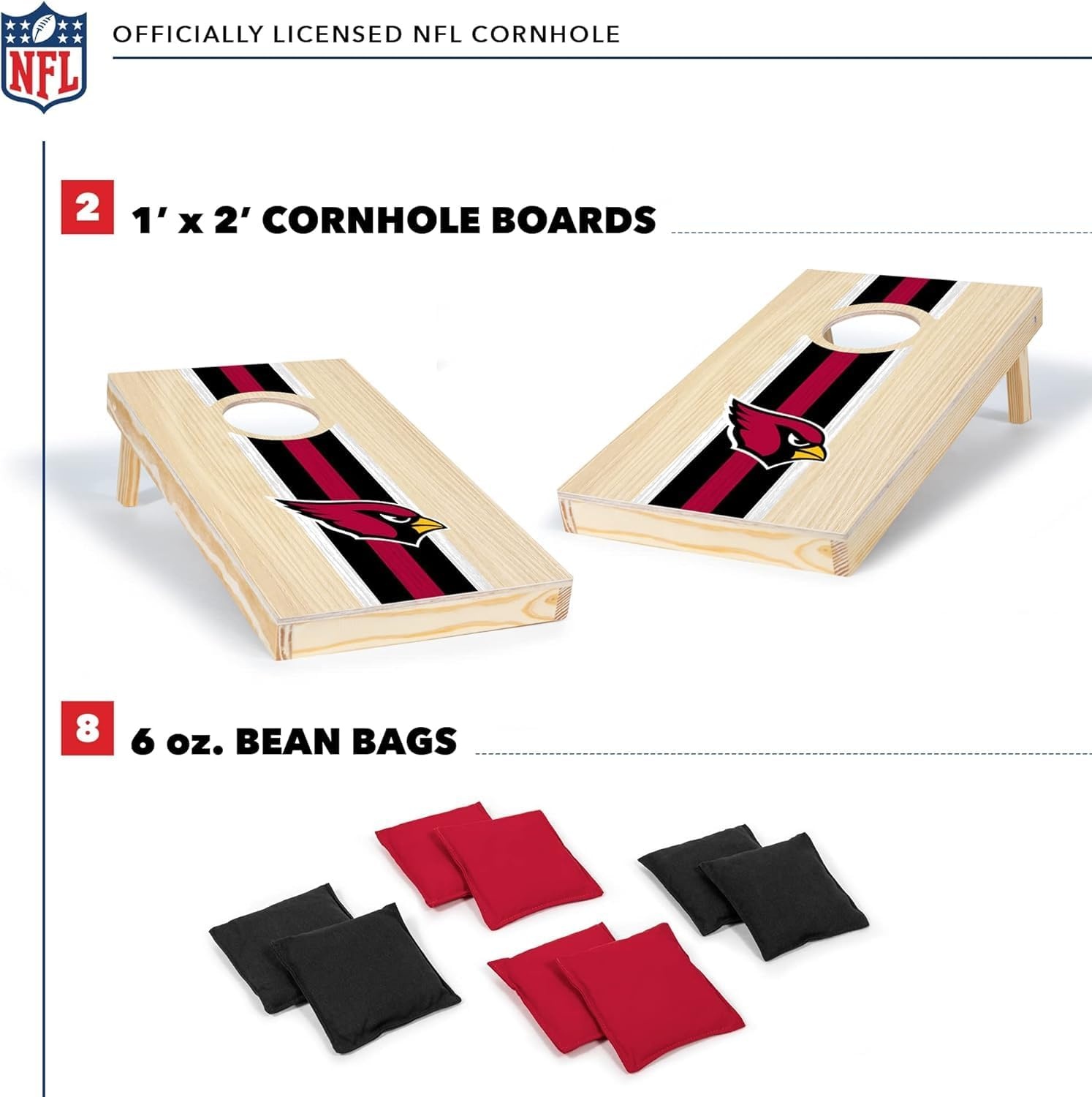NFL Football Portable Size 1′ x 2′ Solid Wood Cornhole Set with Direct Print HD Team Graphics – Travel Size(Arizona Cardinals)