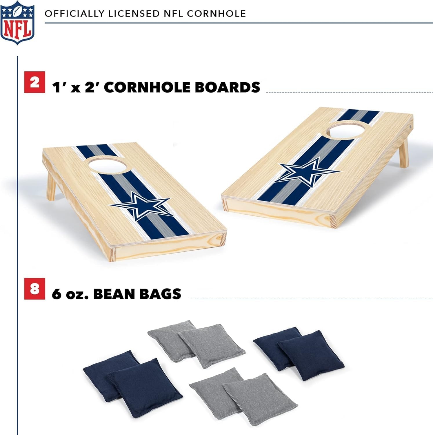NFL Football Portable Size 1′ x 2′ Solid Wood Cornhole Set with Direct Print HD Team Graphics – Travel Size(Dallas Cowboys)