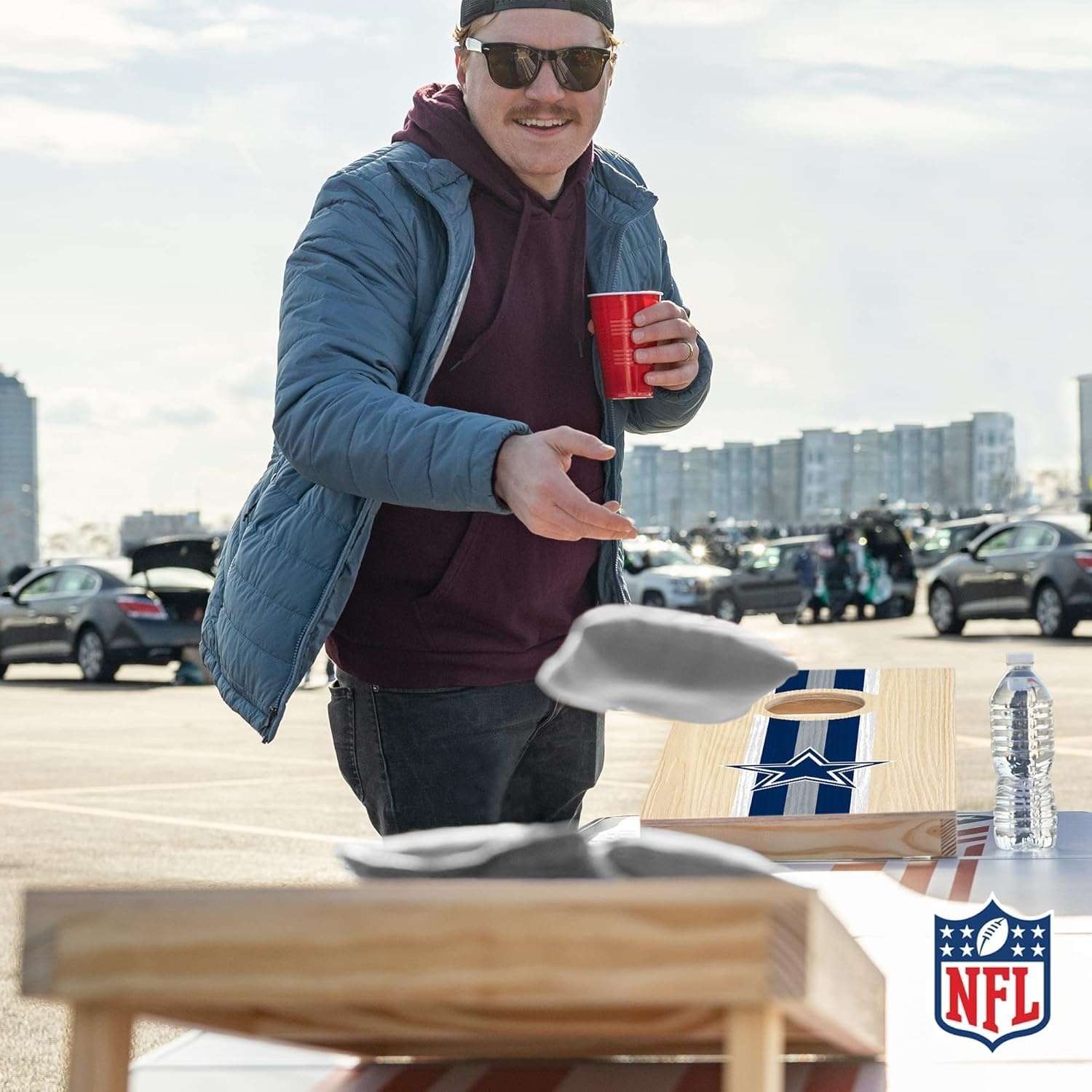 NFL Football Portable Size 1′ x 2′ Solid Wood Cornhole Set with Direct Print HD Team Graphics – Travel Size(Dallas Cowboys)