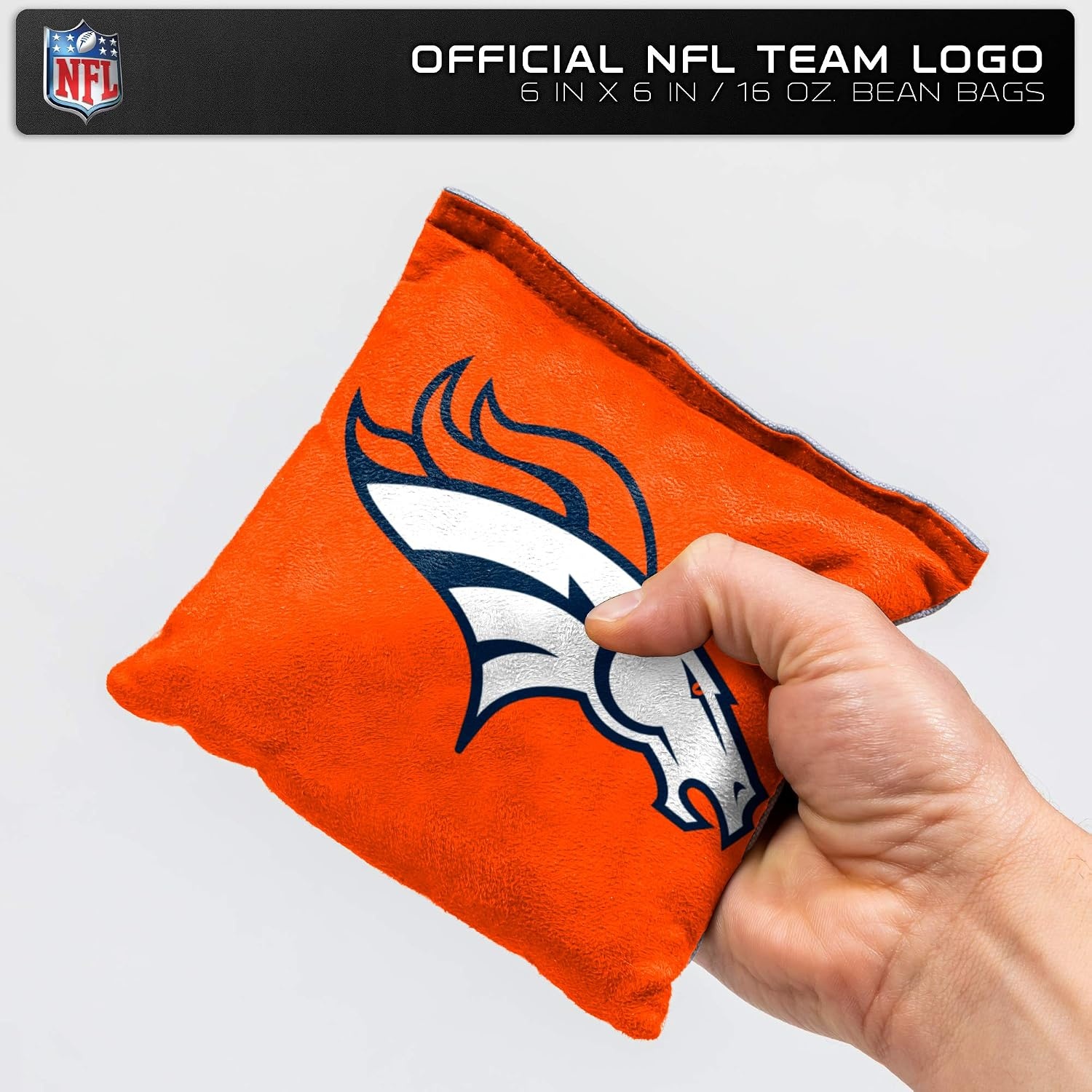 NFL Pro Football Dual Sided Bean Bags by Wild Sports, 8 Count, Premium Toss Bags for Cornhole Set – Great for Tailgates, Outdoors, Backyard(Denver Broncos)