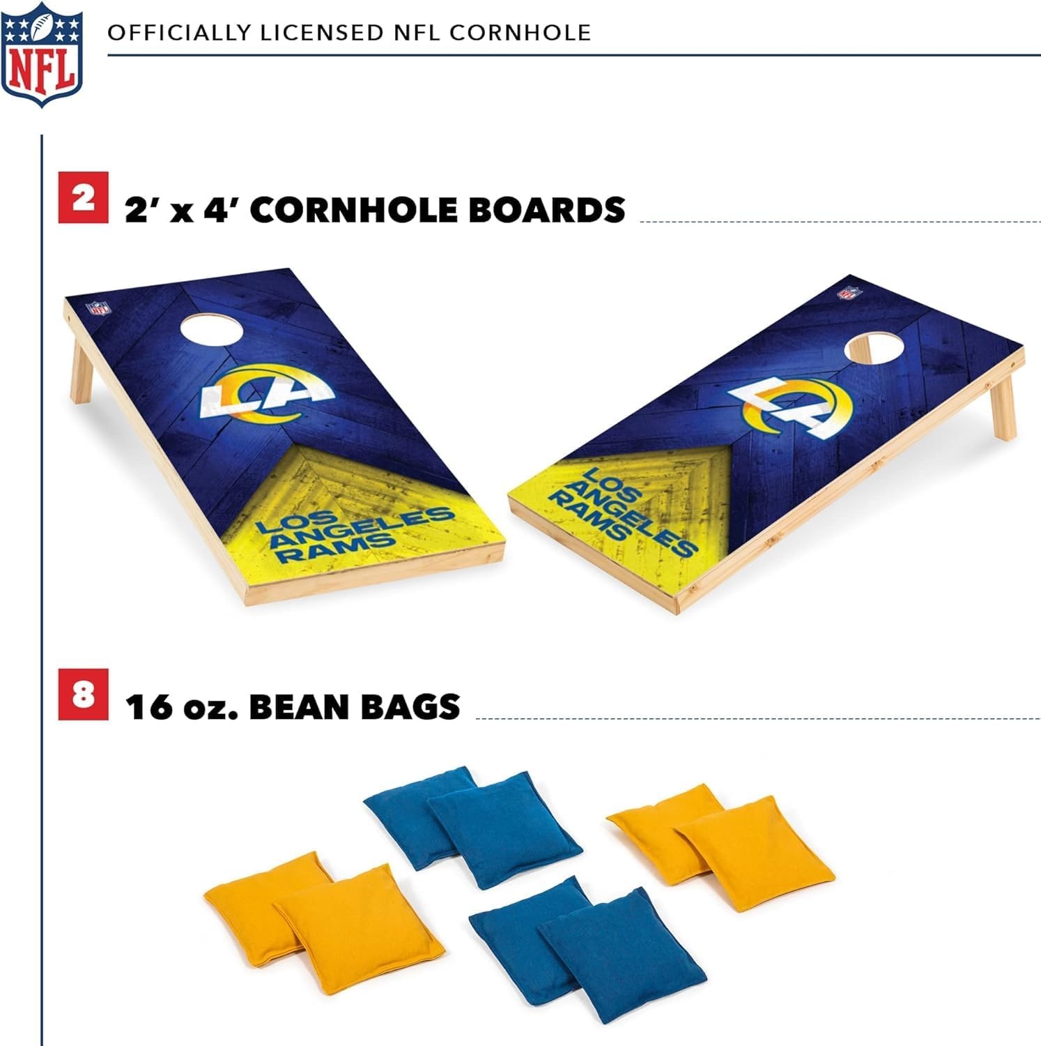 NFL Football 2′ x 4′ Regulation Size Solid Wood Cornhole Set with Direct Print HD Team Graphics Great Gift for Any Football Fan  Bean Bag Toss Family Outdoor Game(Los Angeles Rams)