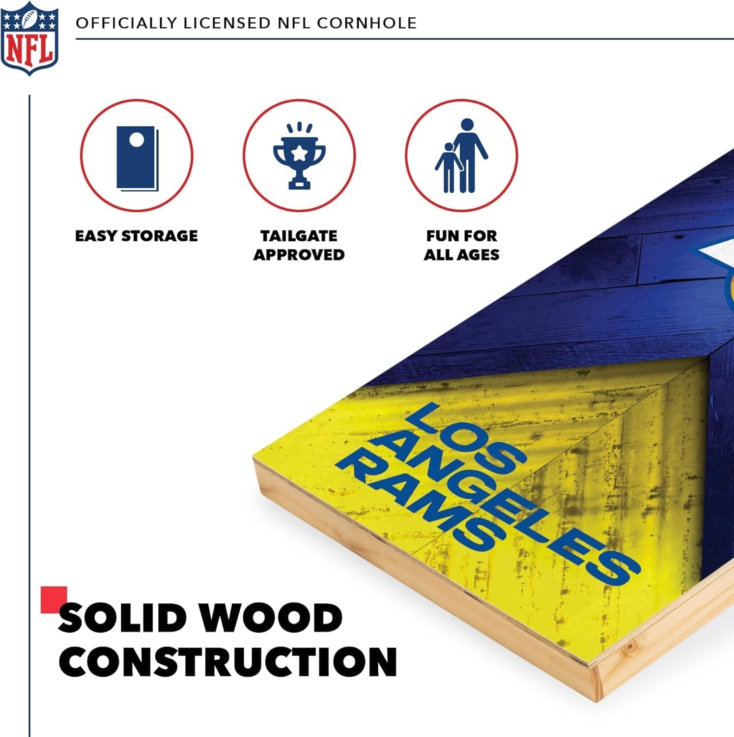NFL Football 2′ x 4′ Regulation Size Solid Wood Cornhole Set with Direct Print HD Team Graphics Great Gift for Any Football Fan  Bean Bag Toss Family Outdoor Game(Los Angeles Rams)