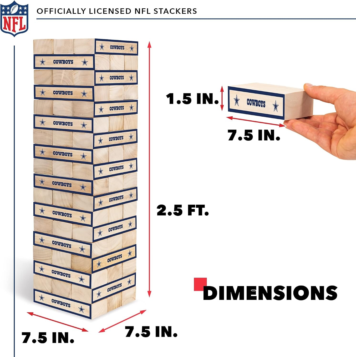 Wild Sports NFL Giant Stacking Wooden Blocks – Tumbling Tower Classic Family Game Stacks – Great Gift for Any Football Fan (Dallas Cowboys)