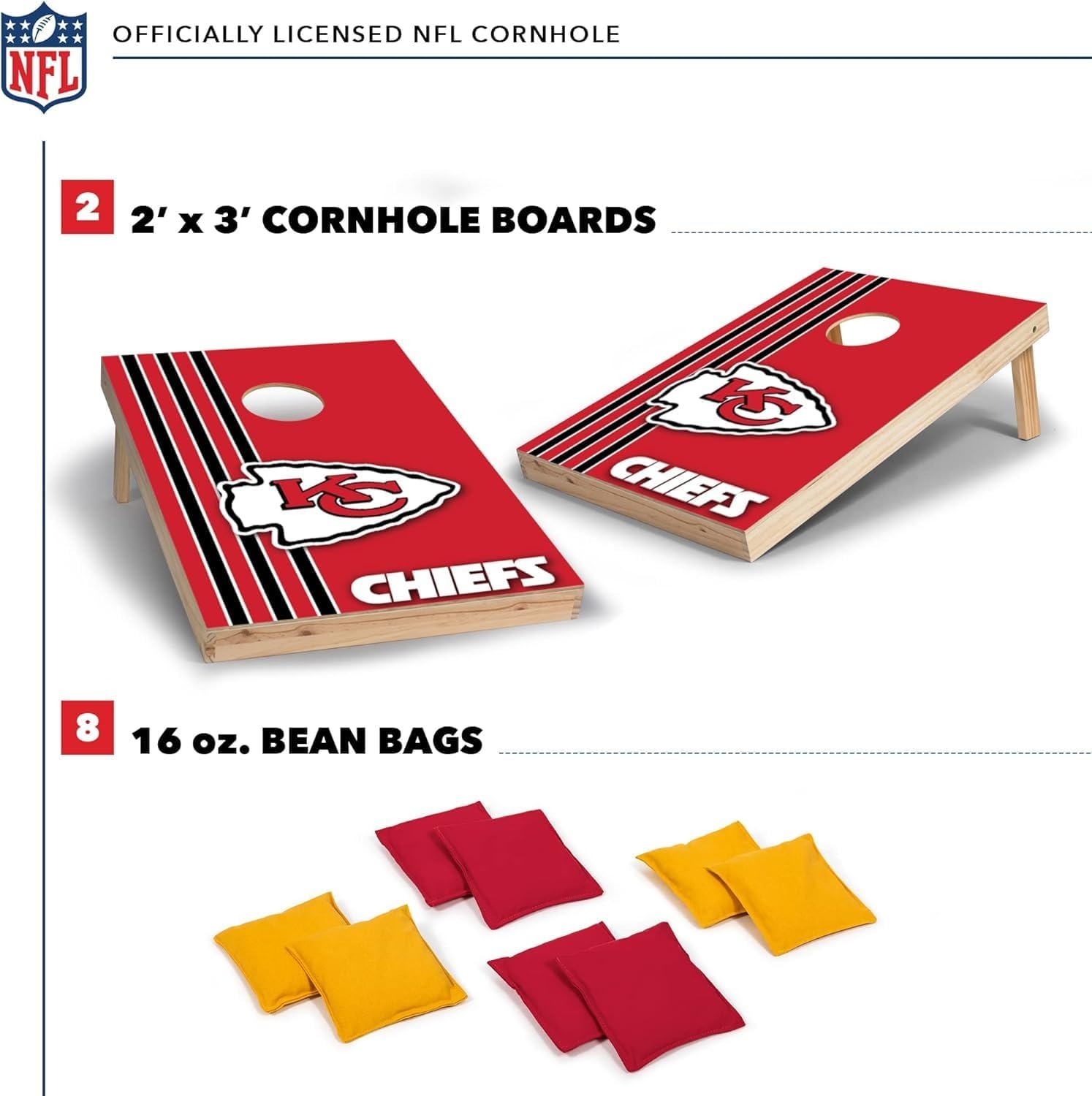 NFL 2′ x 3′ Solid Wood Cornhole Set with Direct Print HD Team Graphics – Great Gift for Any Football Fan  Bean Bag Toss Family Outdoor Games(Kansas City Chiefs)