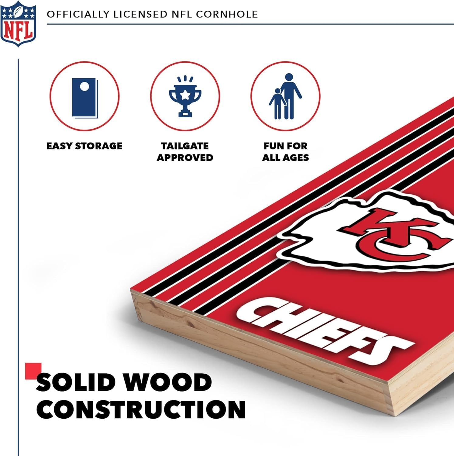 NFL 2′ x 3′ Solid Wood Cornhole Set with Direct Print HD Team Graphics – Great Gift for Any Football Fan  Bean Bag Toss Family Outdoor Games(Kansas City Chiefs)