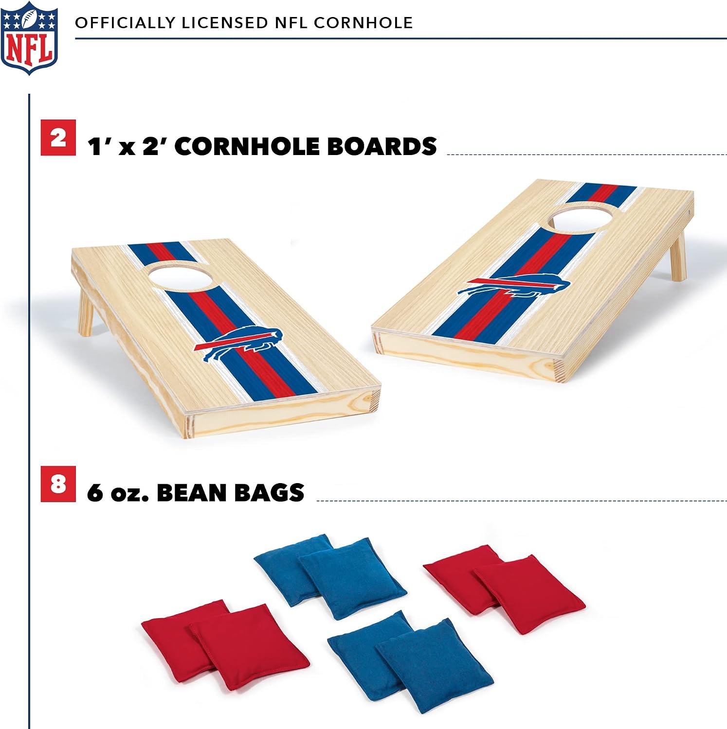 NFL Football Portable Size 1′ x 2′ Solid Wood Cornhole Set with Direct Print HD Team Graphics – Travel Size(Buffalo Bills)