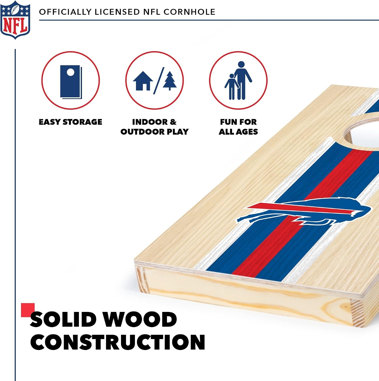 NFL Football Portable Size 1′ x 2′ Solid Wood Cornhole Set with Direct Print HD Team Graphics – Travel Size(Buffalo Bills)
