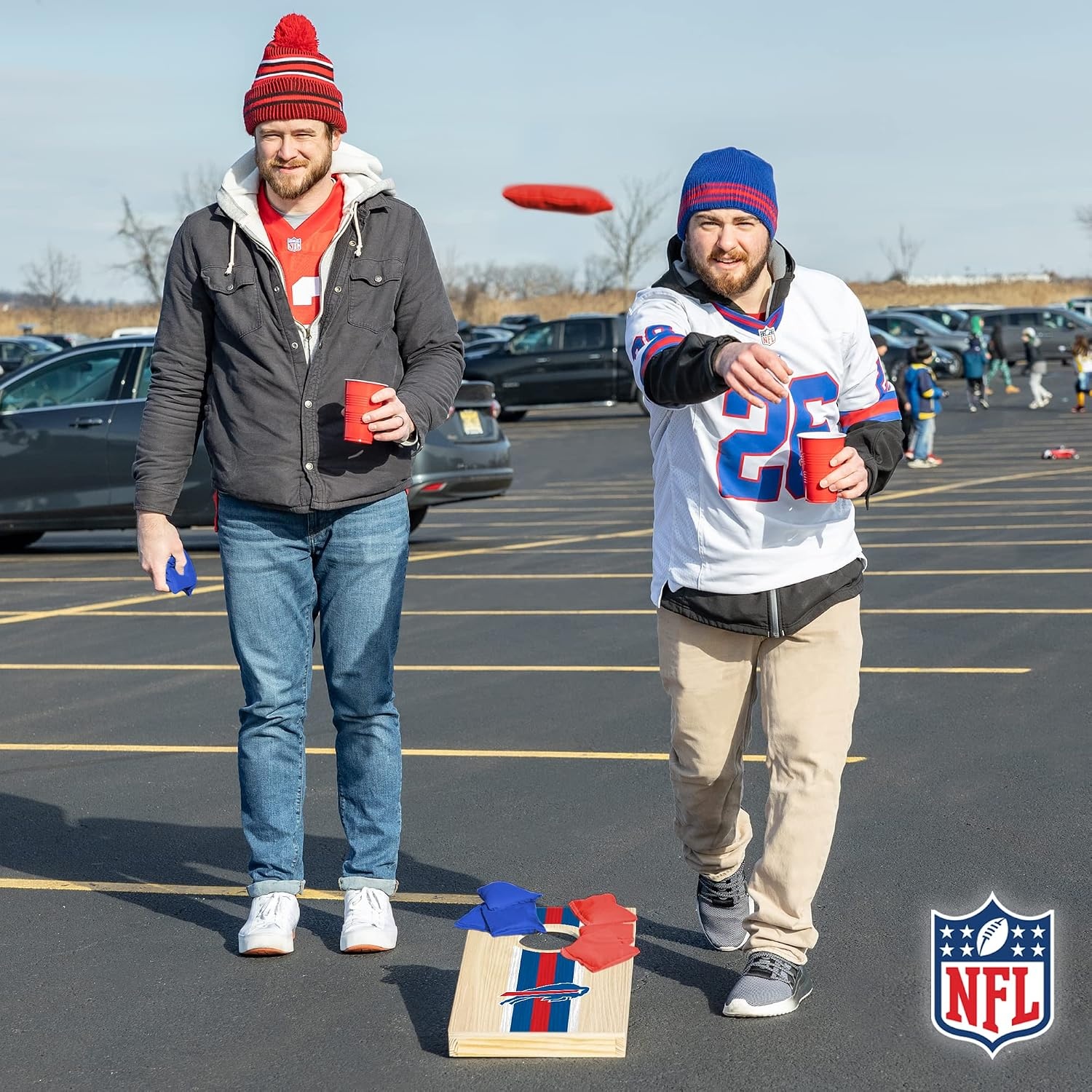 NFL Football Portable Size 1′ x 2′ Solid Wood Cornhole Set with Direct Print HD Team Graphics – Travel Size(Buffalo Bills)