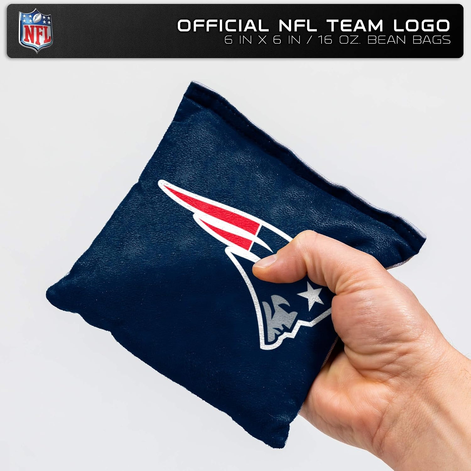 NFL Pro Football Dual Sided Bean Bags by Wild Sports, 8 Count, Premium Toss Bags for Cornhole Set – Great for Tailgates, Outdoors, Backyard(New England Patriots)