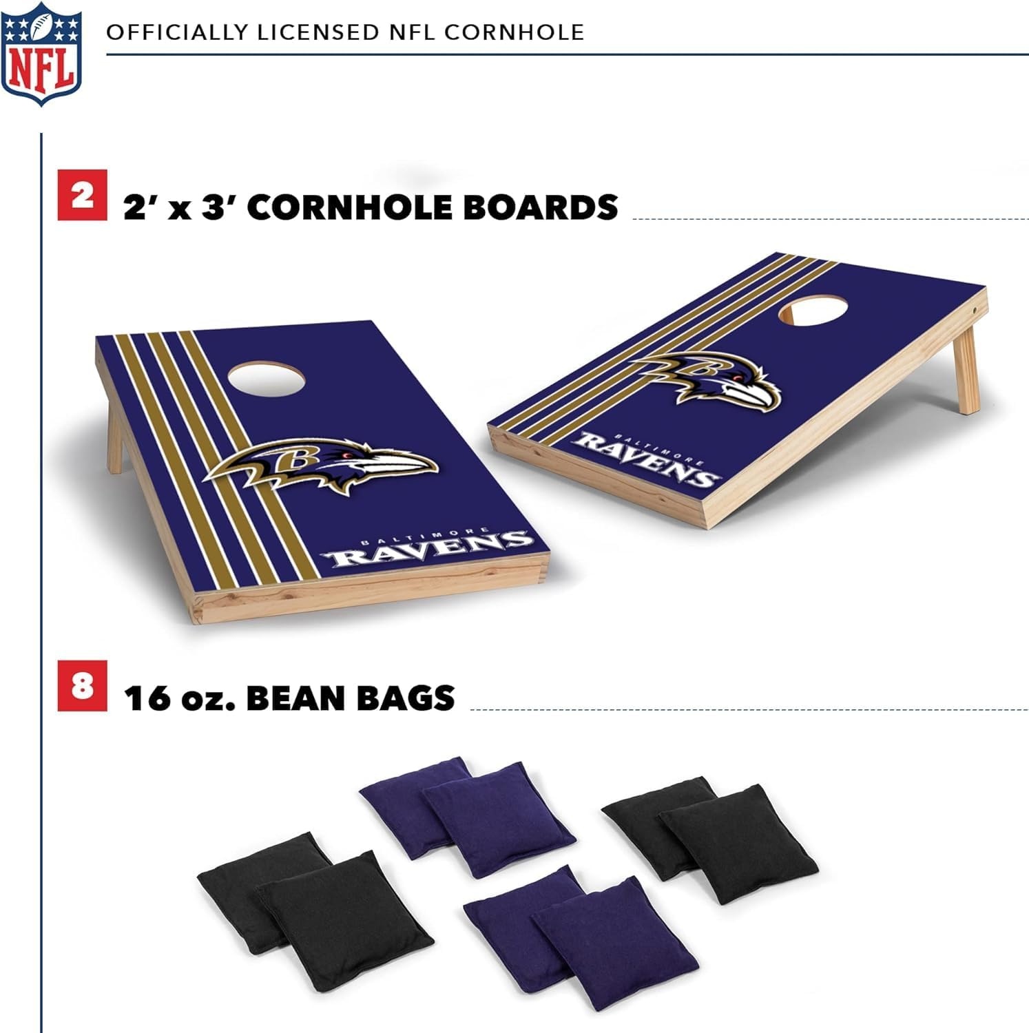 NFL 2′ x 3′ Solid Wood Cornhole Set with Direct Print HD Team Graphics – Great Gift for Any Football Fan  Bean Bag Toss Family Outdoor Games(Baltimore Ravens)