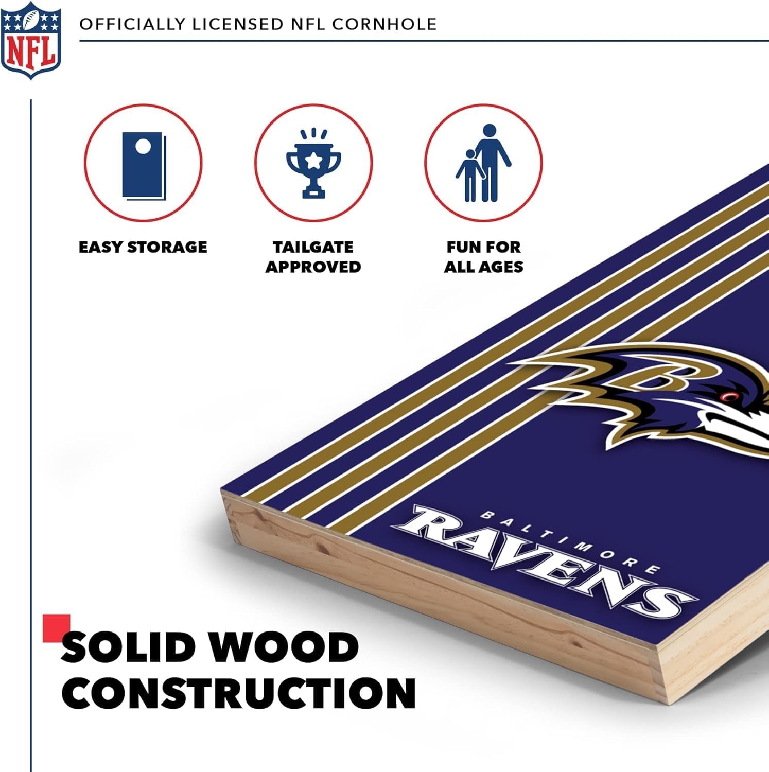 NFL 2′ x 3′ Solid Wood Cornhole Set with Direct Print HD Team Graphics – Great Gift for Any Football Fan  Bean Bag Toss Family Outdoor Games(Baltimore Ravens)