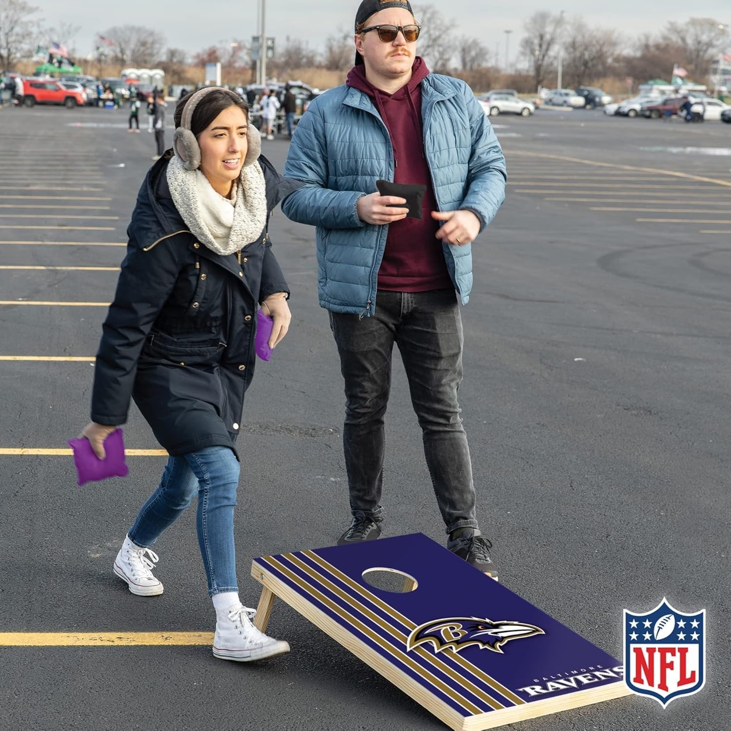 NFL 2′ x 3′ Solid Wood Cornhole Set with Direct Print HD Team Graphics – Great Gift for Any Football Fan  Bean Bag Toss Family Outdoor Games(Baltimore Ravens)