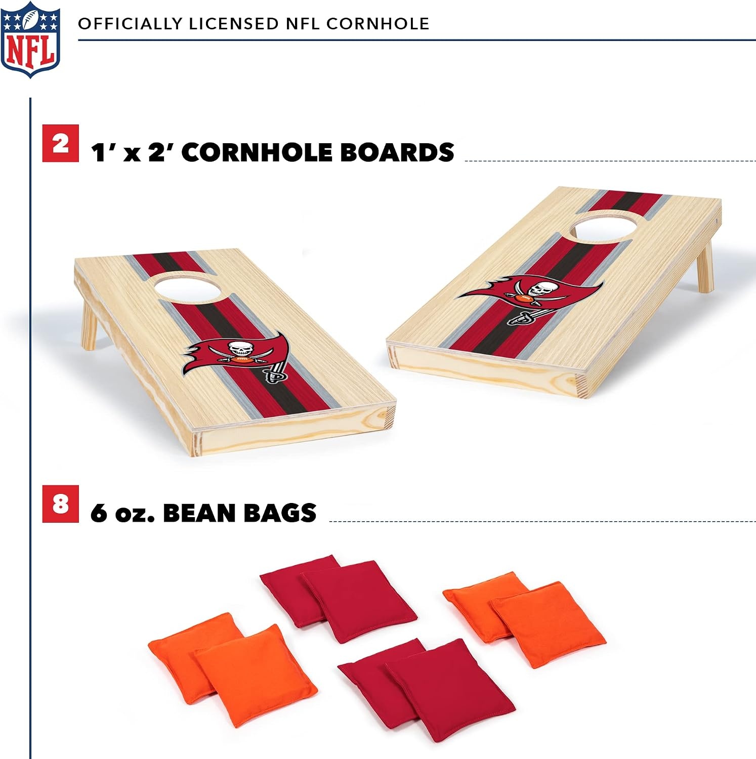 NFL Football Portable Size 1′ x 2′ Solid Wood Cornhole Set with Direct Print HD Team Graphics – Travel Size(Tampa Bay Buccaneers)